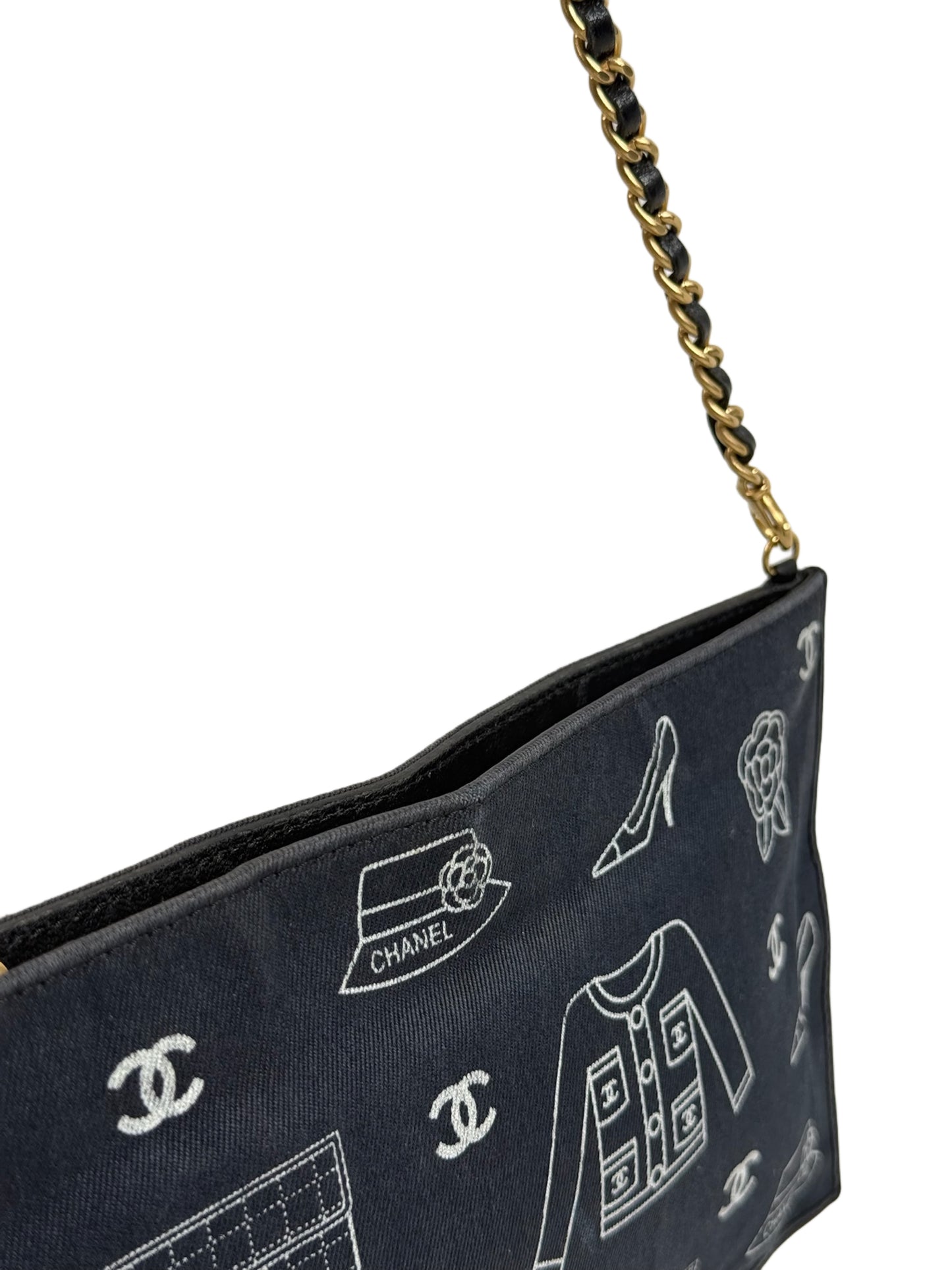 Chanel Vintage 00s Navy Blue Canvas CC Motif Flat Pochette Shoulder Bag