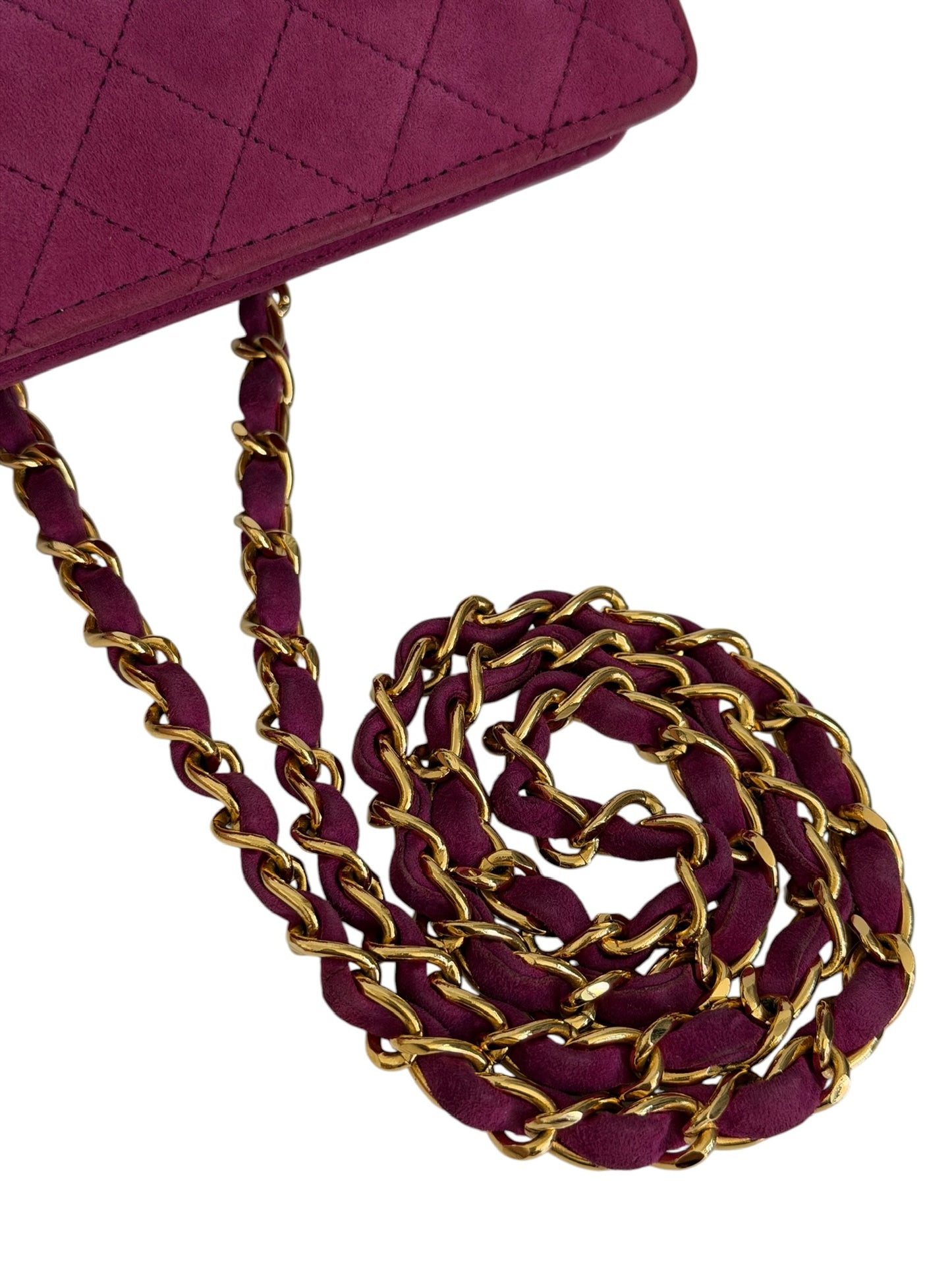 Chanel Vintage 80s/90s Quilted Fuchsia Suede Micro Mini Flap Crossbody Bag w 24K Gold Plated Hardware
