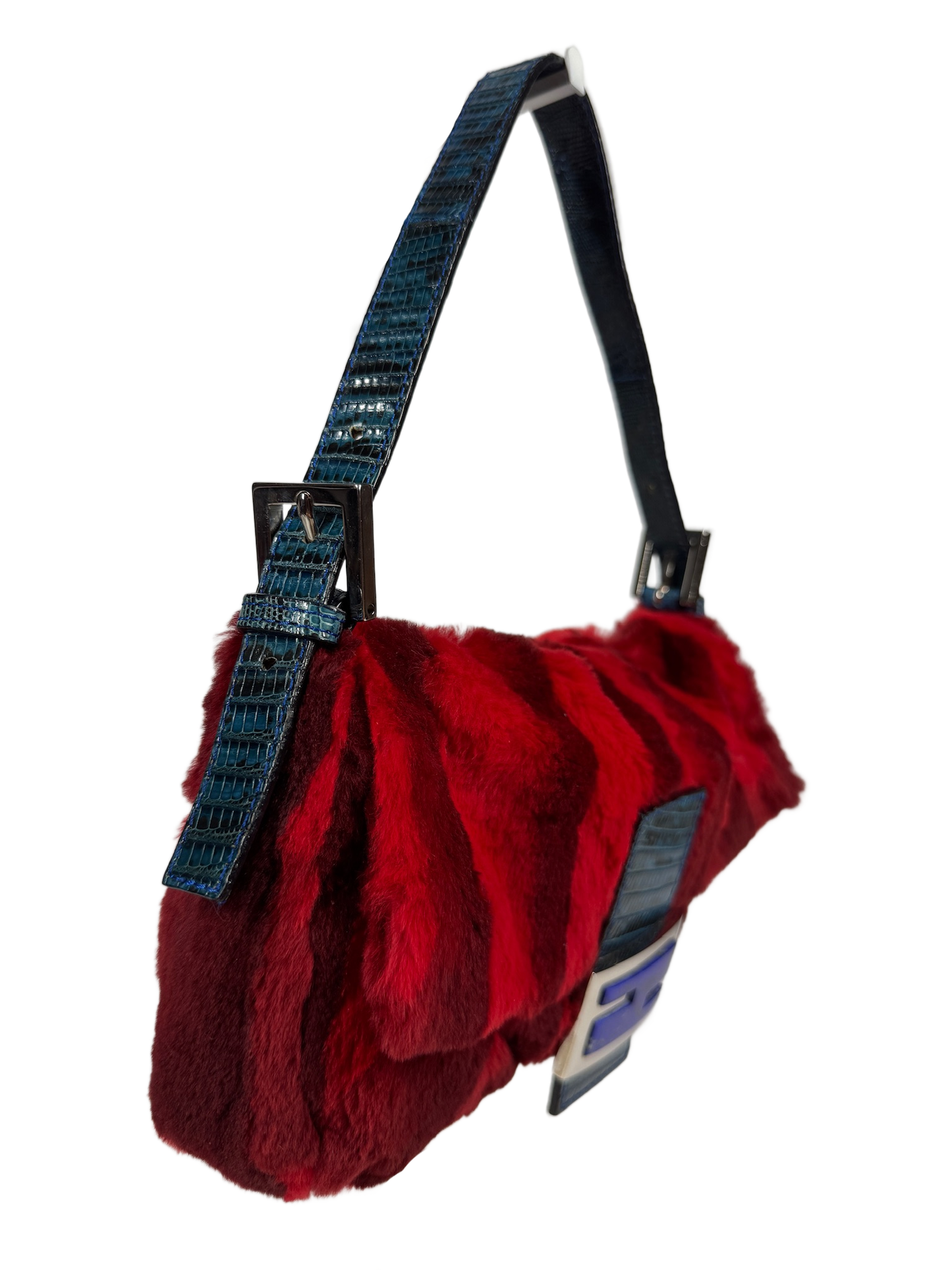 Fendi Vintage Red Rabbit Fur Blue Lizard Trim Shoulder Baguette Bag