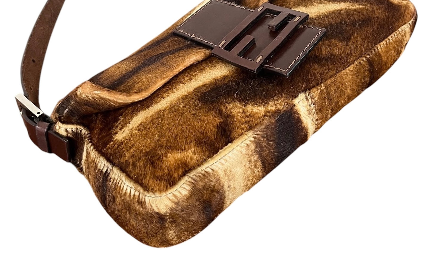Fendi Vintage Brown Animal Print Pony Hair Shoulder Baguette Bag