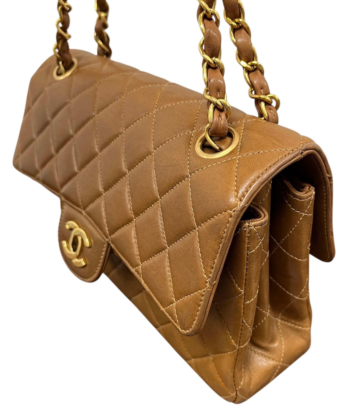 Chanel Vintage 90s Light Brown Quilted Lambskin Small Two-Faced Double Sided Classic Flap Bag with 24K Gold Plated Hardware 