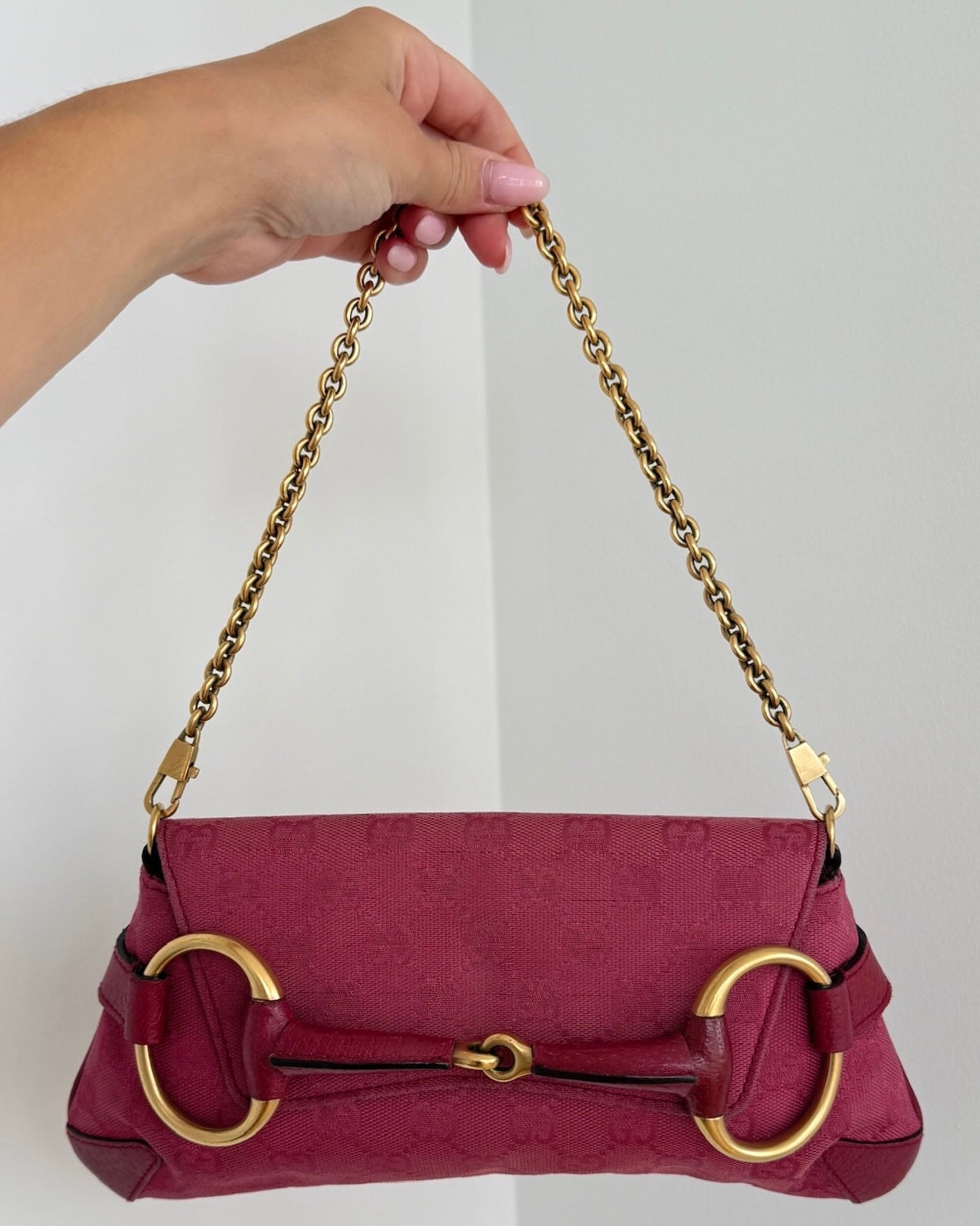Gucci Vintage Fuchsia GG Monogram Small Horsebit Shoulder Clutch Bag