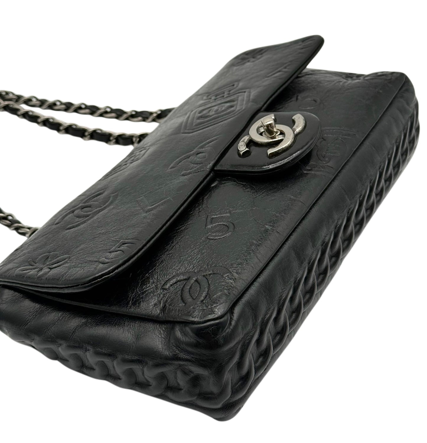 Chanel 2014 Black Calfskin Embossed Precious Symbols Medium Classic Flap with Ruthenium Hardware