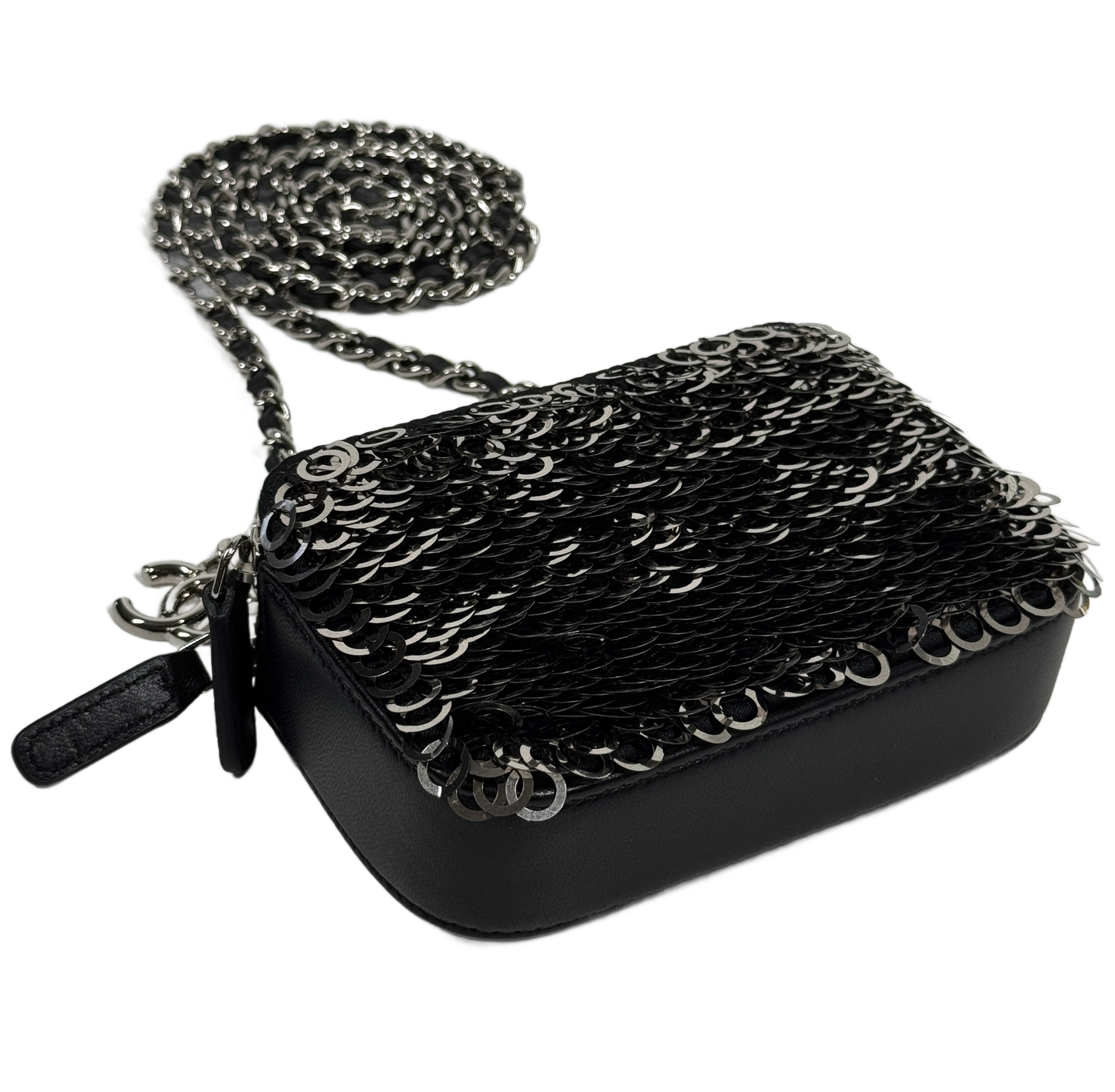 Chanel Silver Sequin & Black Leather Mini Double Zip Chain Shoulder & Crossbody Bag