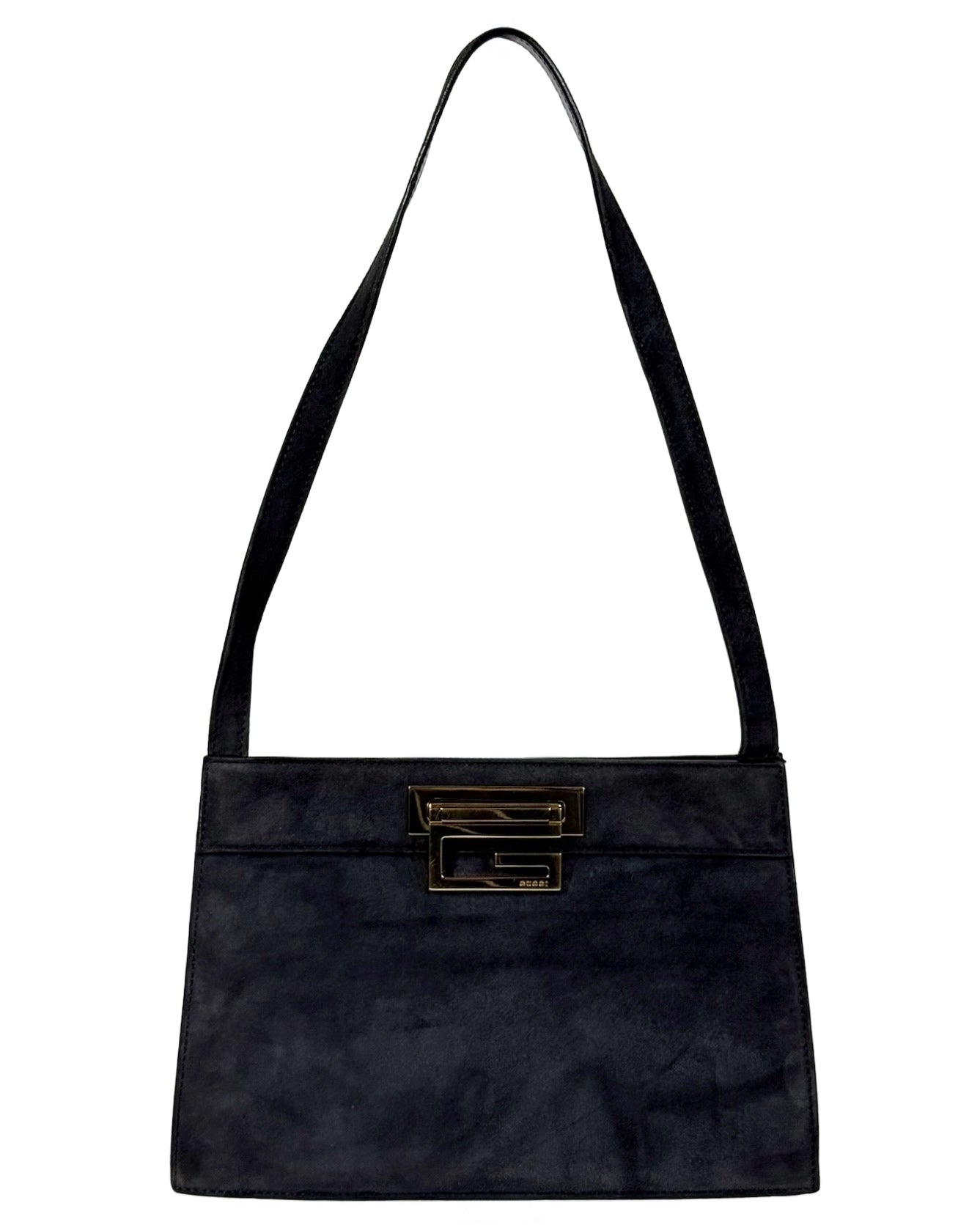 Gucci Vintage 80s Dark Gray Suede Trapezoid G Top Handle Shoulder Bag