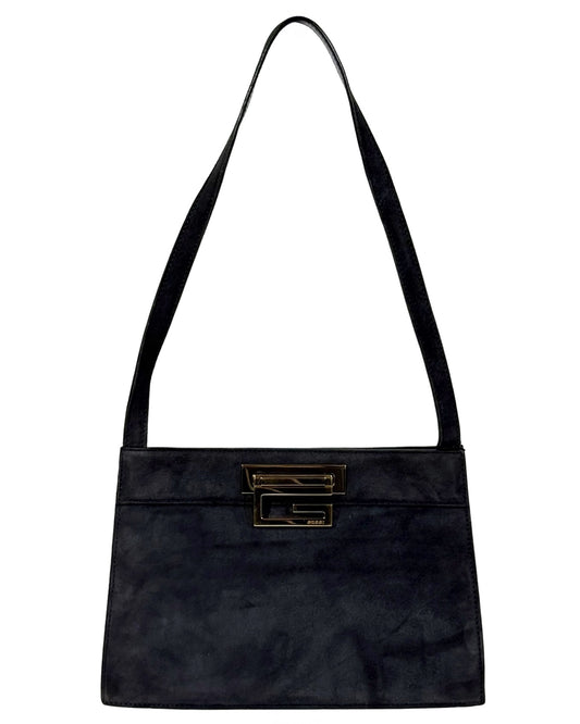 Gucci Vintage 80s Dark Gray Suede Trapezoid G Top Handle Shoulder Bag