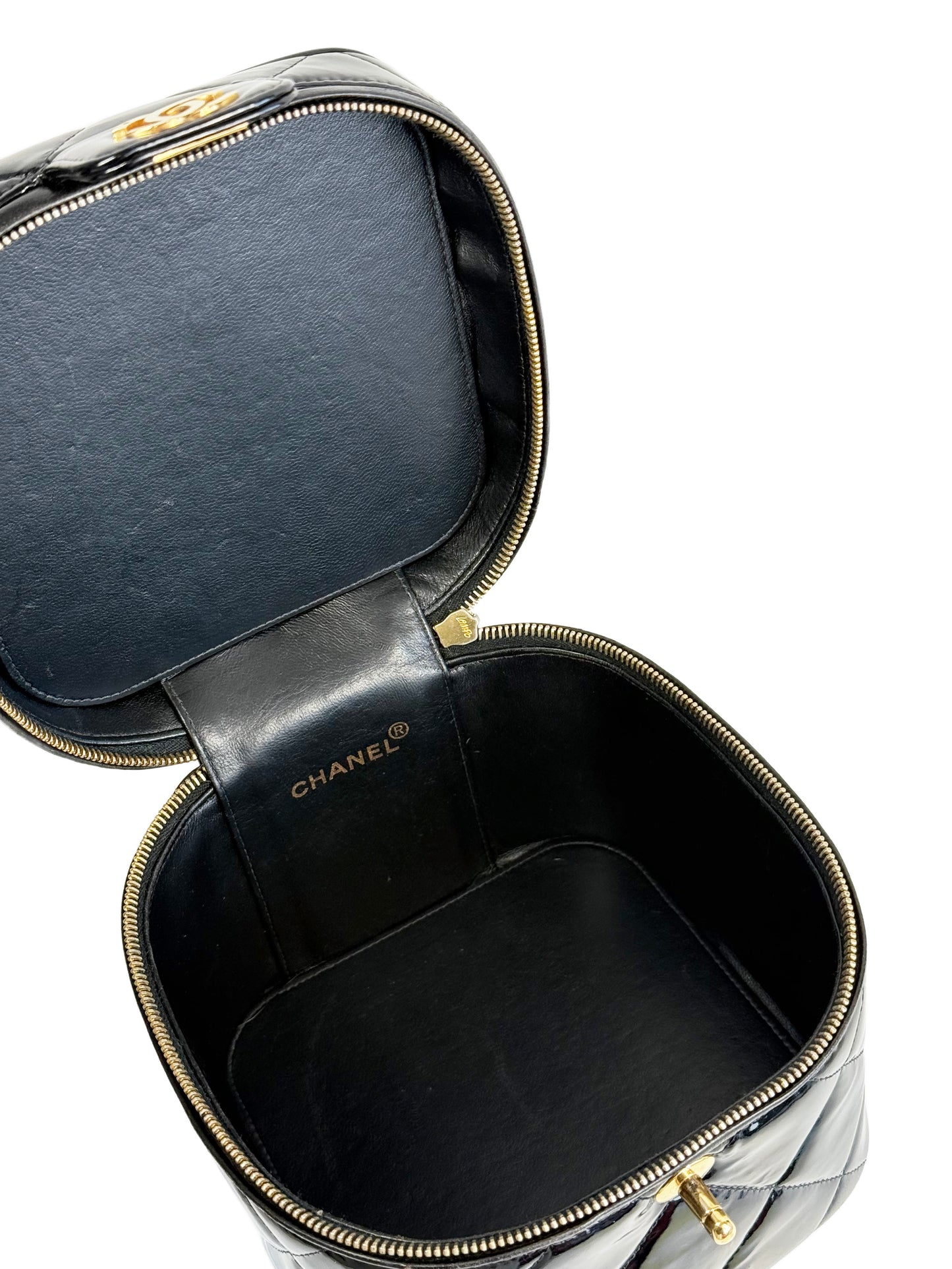 Chanel Vintage 1997 Black Quilted Patent Leather Turnlock Top Handle Vanity Bag w 24K GPHW