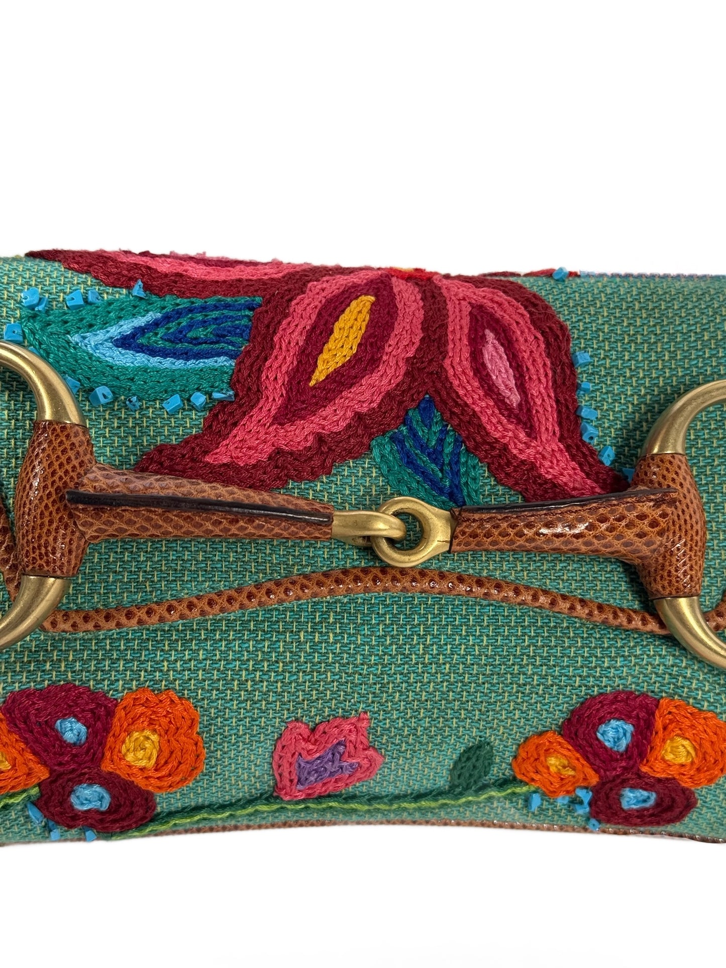 Gucci Vintage Turquoise Floral Embroidered Raffia Lizard Trim Small Horsebit Clutch Shoulder Bag