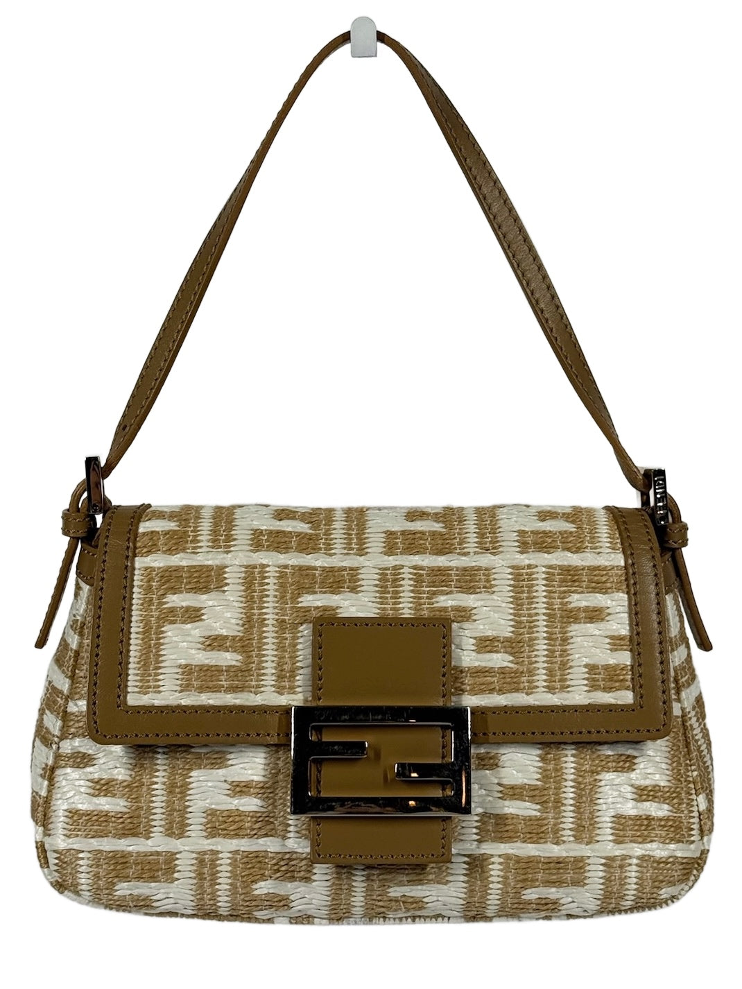 Fendi Beige & White Raffia Zucca Monogram Mini Mamma Baguette