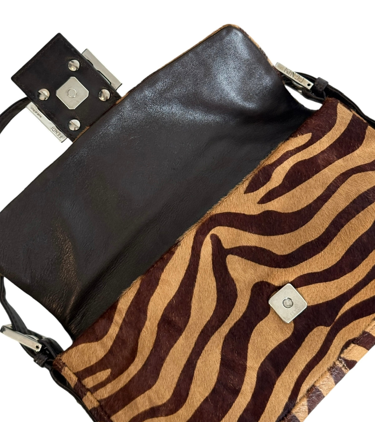 Fendi Vintage Brown Zebra Print Pony Hair Shoulder Baguette Bag