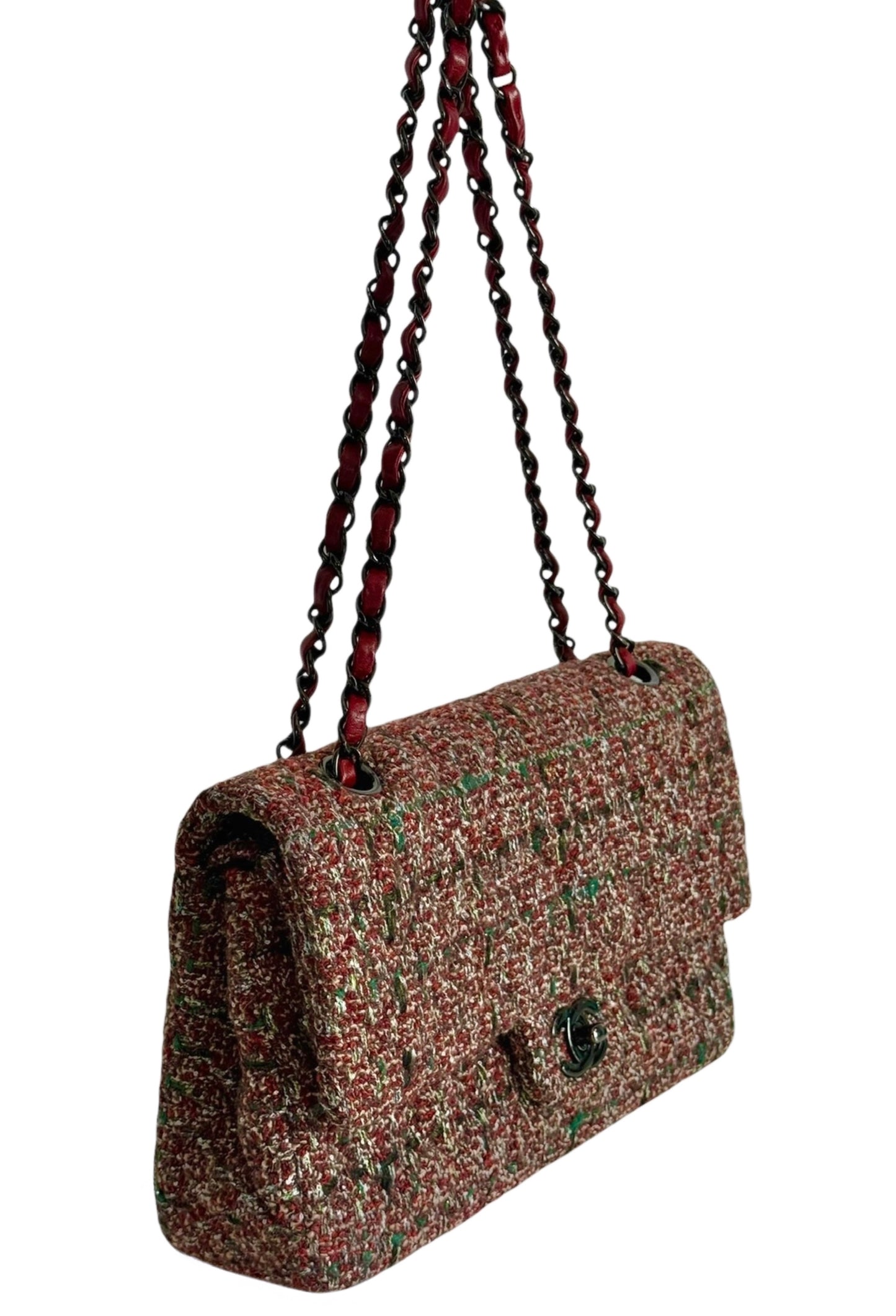 Chanel Multicolor Burgundy Tweed Classic Medium Double Flap Bag with Ruthenium Hardware