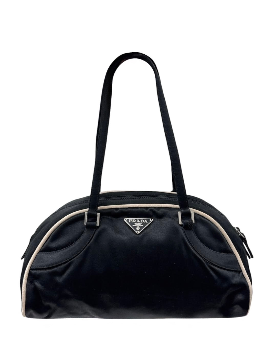 Prada Vintage Black Satin White Trim Mini Bowler Shoulder Pochette Bag