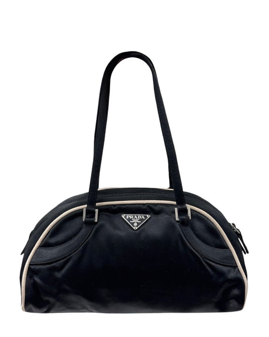 Prada Vintage Black Satin White Trim Mini Bowler Shoulder Pochette Bag