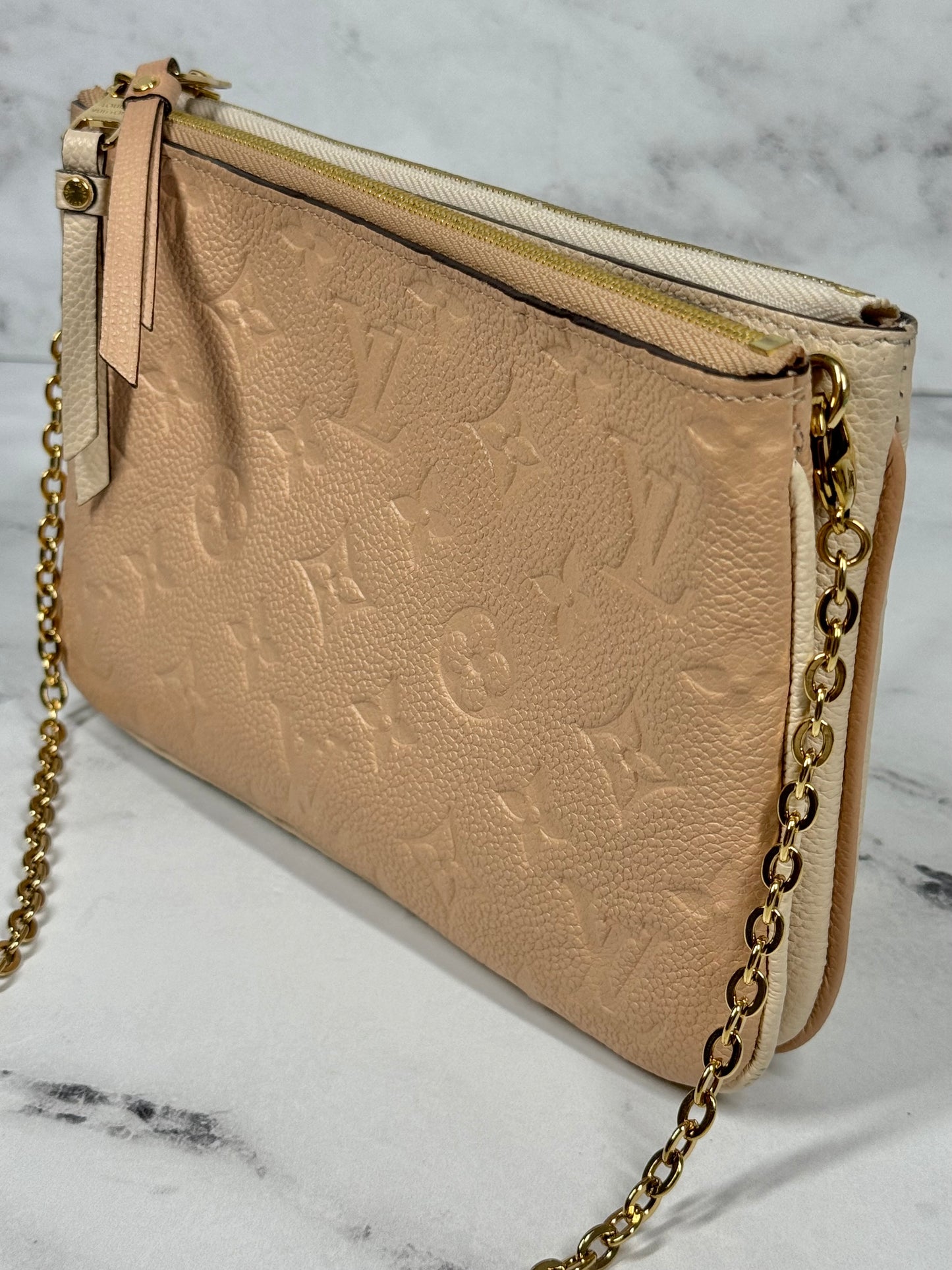 Louis Vuitton Beige & Rose Creme Monogram Empreinte Leather Double Zip Pochette Chain Bag