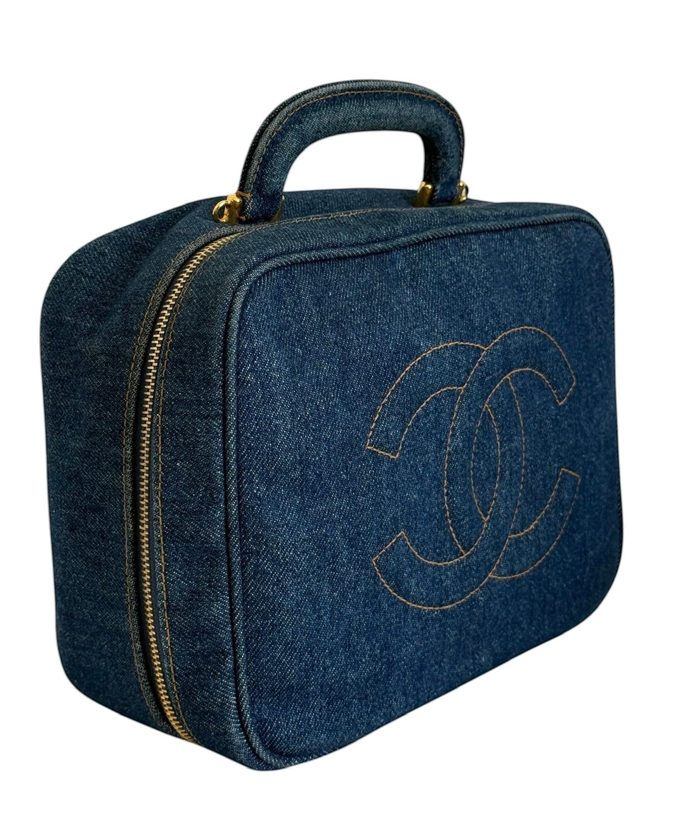 Chanel Vintage 90s Two-Way Denim CC Top Handle Vanity Case w Shoulder Crossbody Strap