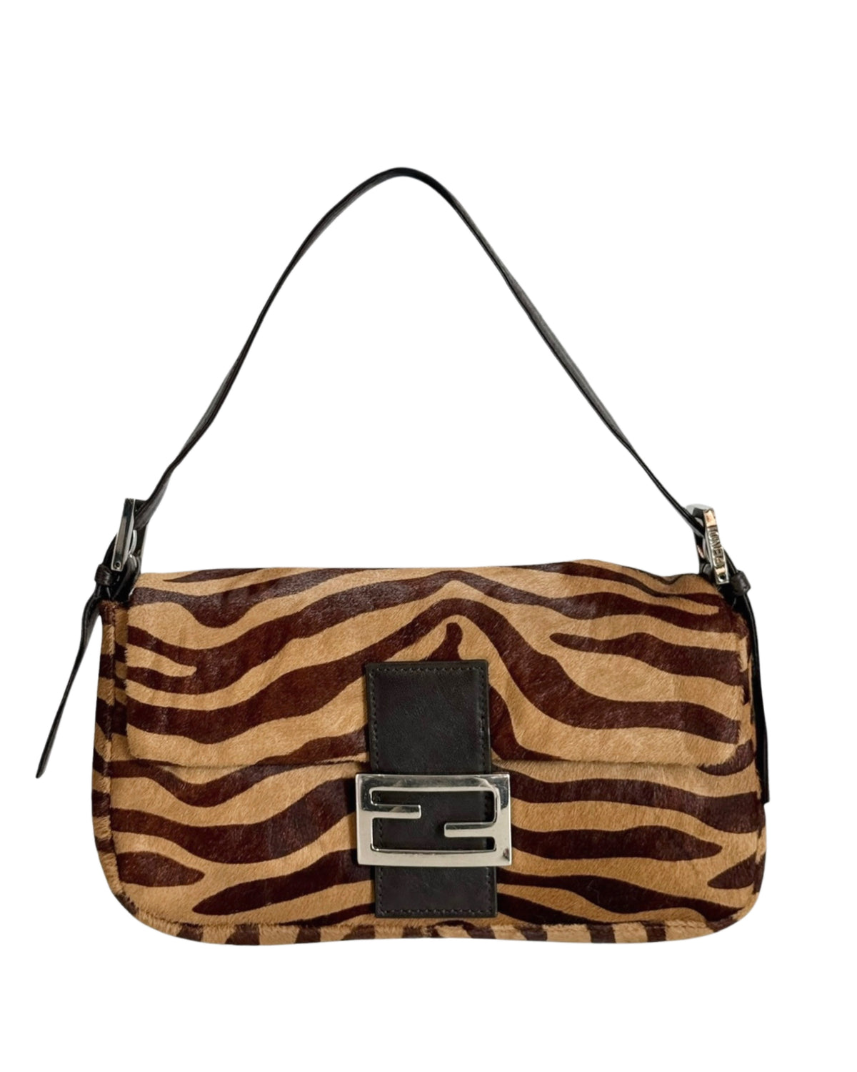 Fendi Vintage Brown Zebra Print Pony Hair Shoulder Baguette Bag
