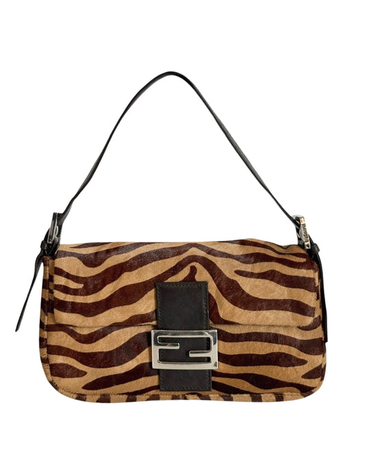 Fendi Vintage Brown Zebra Print Pony Hair Shoulder Baguette Bag