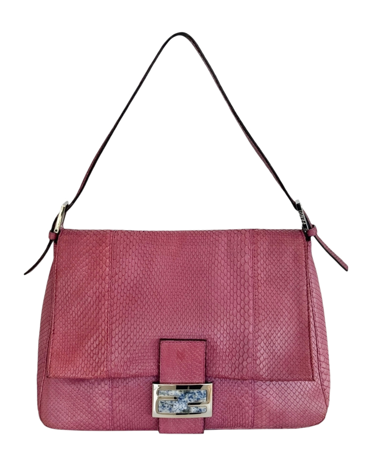 Fendi Vintage Fuchsia Pink Python Blue Marble Logo XL Mamma Shoulder Baguette Bag