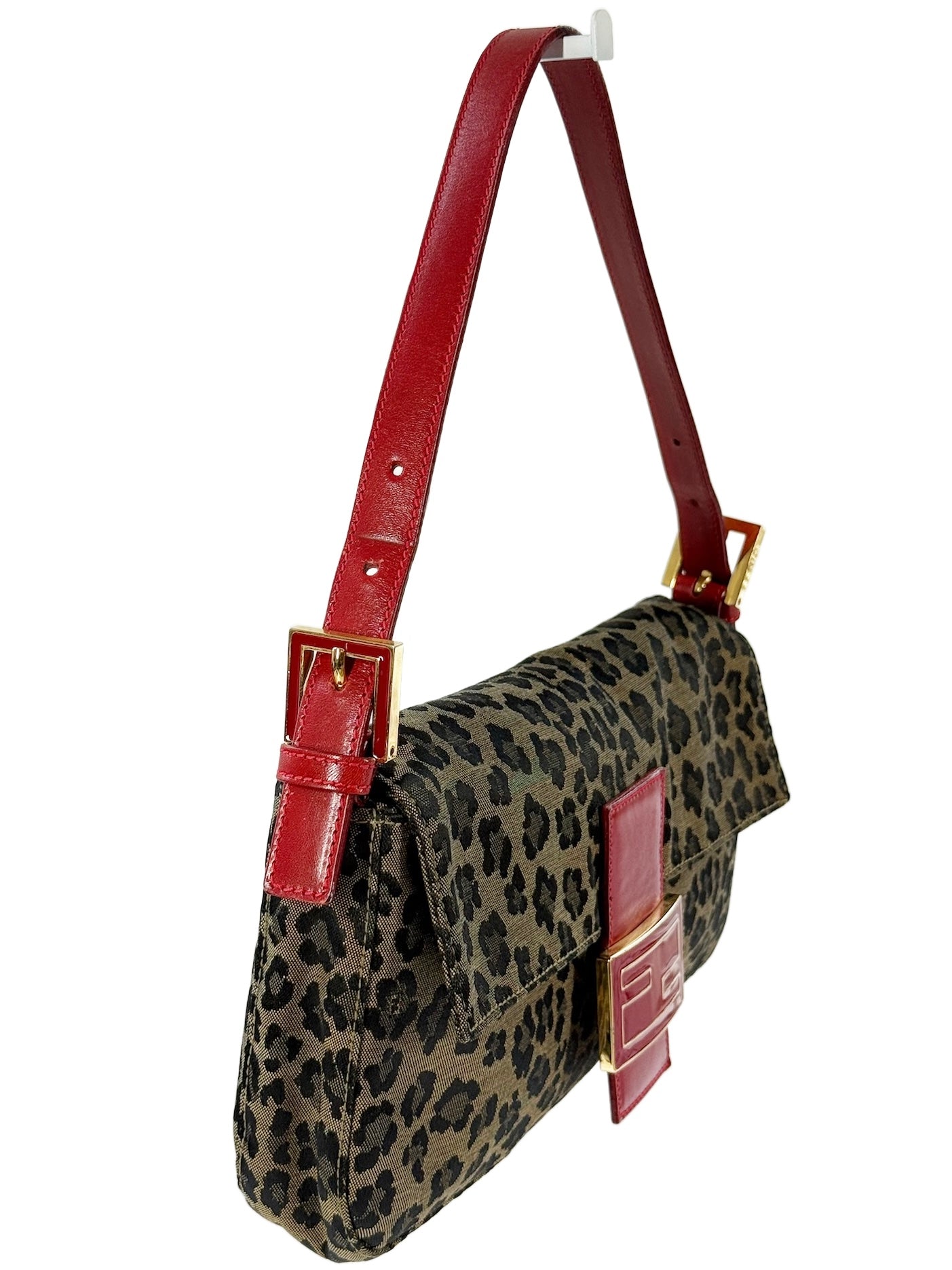 Fendi Vintage Brown Leopard Canvas Red Leather Trim Baguette