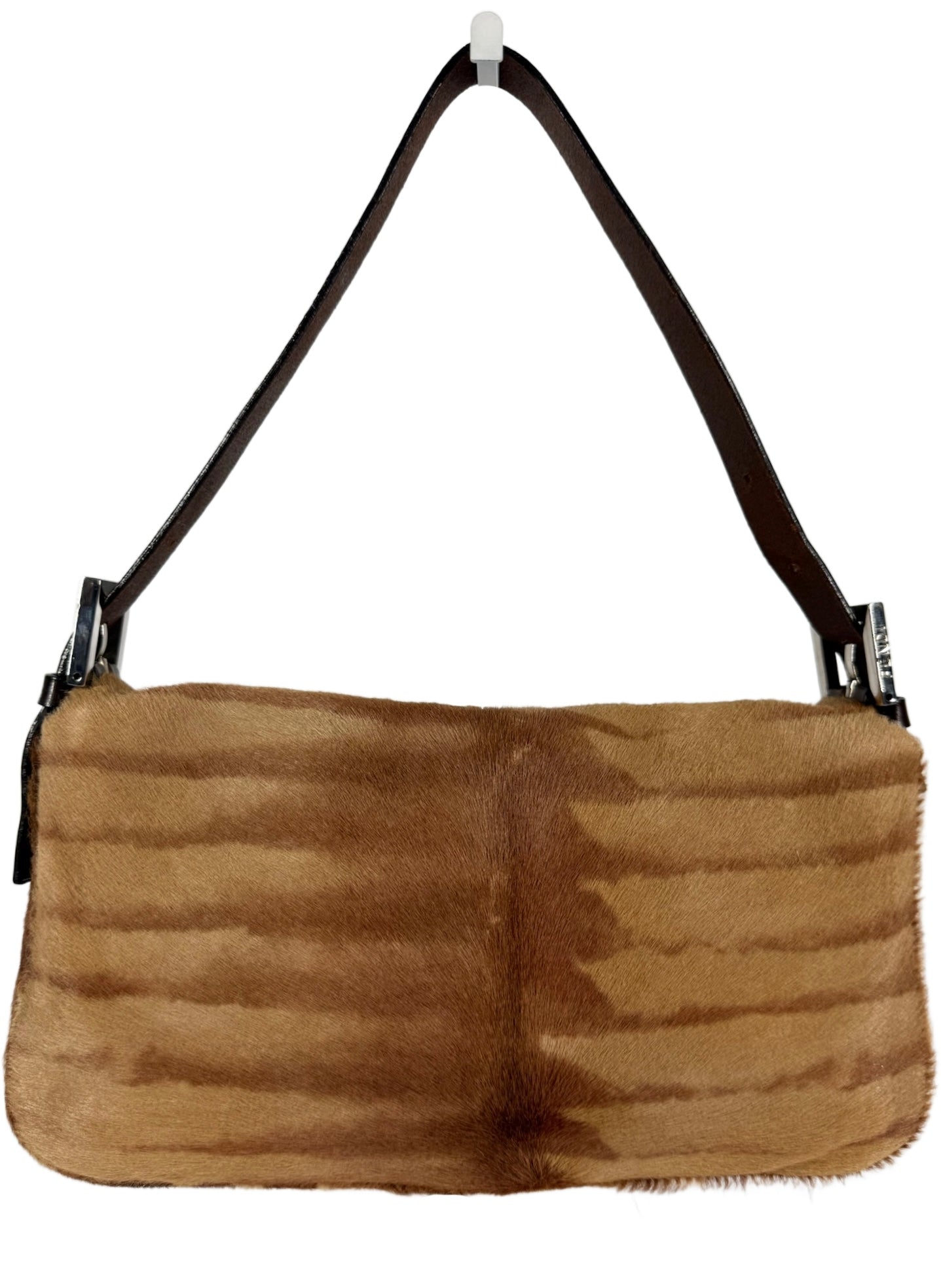 Fendi Vintage Brown Beige Giraffe Print Pony Hair Shoulder Baguette Bag