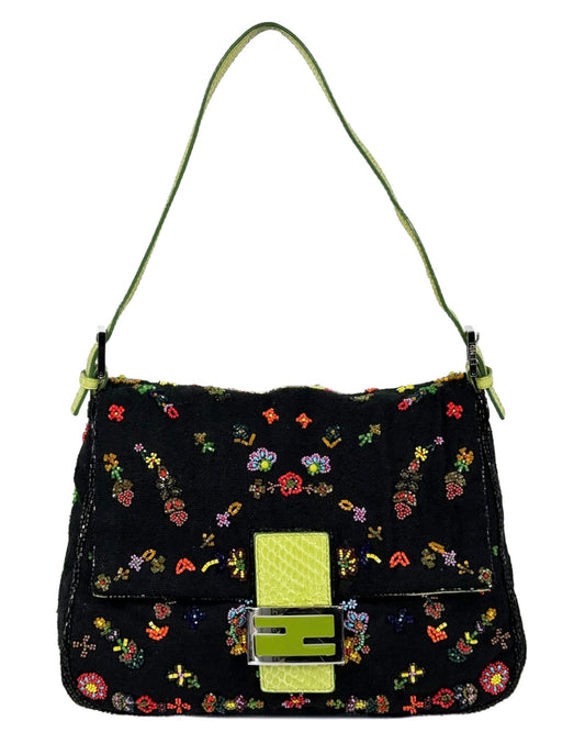 Fendi Vintage Black Knit Floral Beaded Embroidered Mamma Baguette Shoulder Bag w Green Lizard Trim