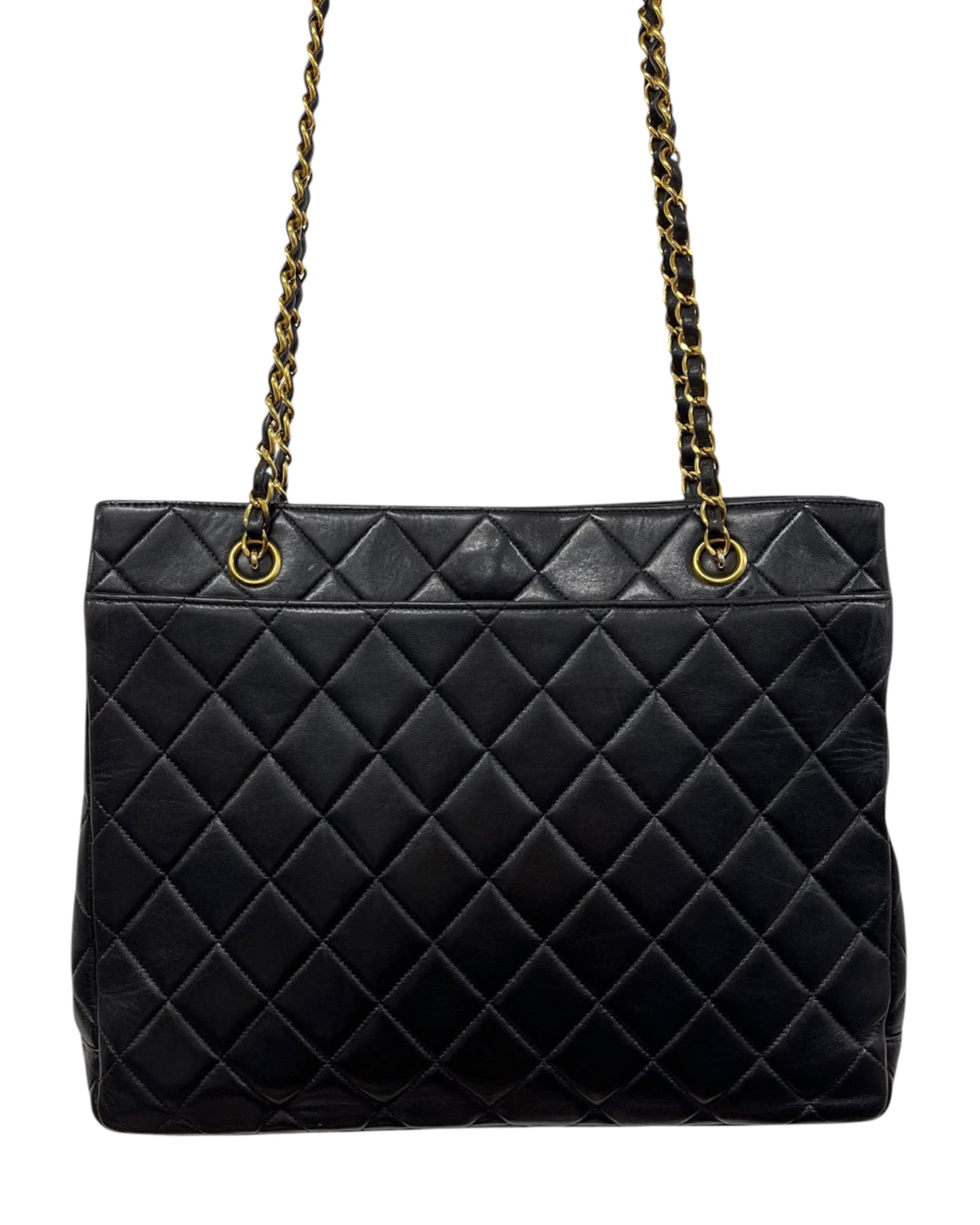 Chanel Vintage 90s Black Quilted Lambskin Classic Turnlock Shoulder Tote Bag with 24K Gold Plated Hardware