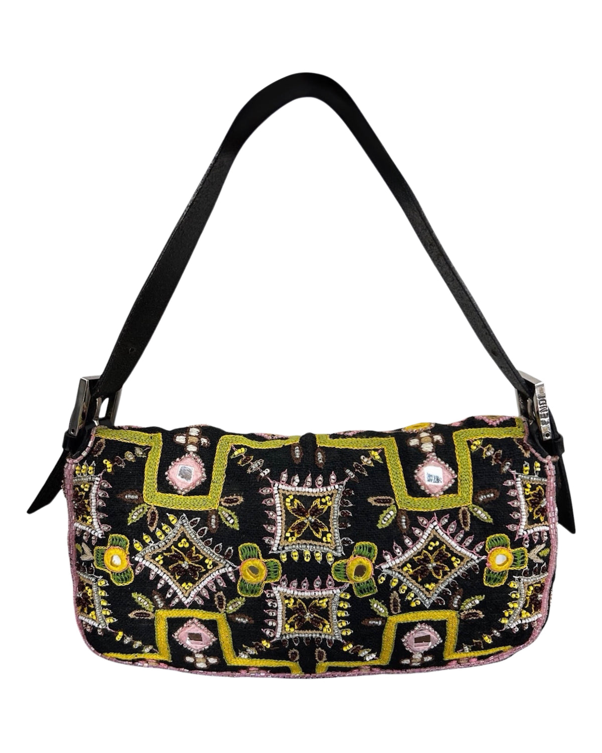 Fendi Vintage Black Knit Embroidered Pink Beaded Green Fringe Embellished Shoulder Baguette Bag