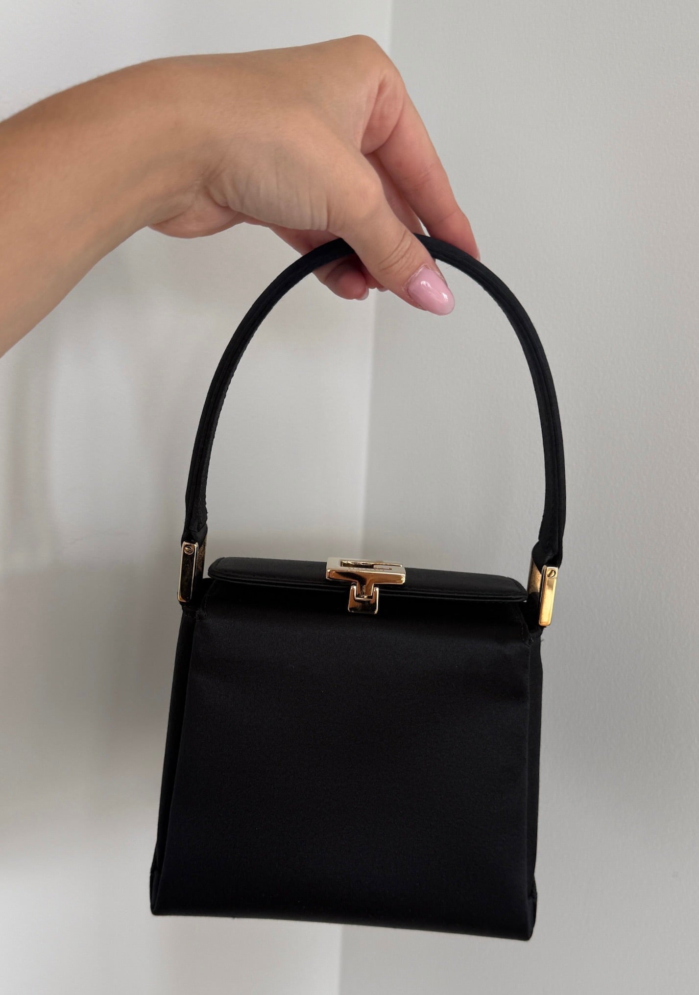 Gucci Vintage 90s Black Satin Gold Logo Mini Bento Box Evening Bag