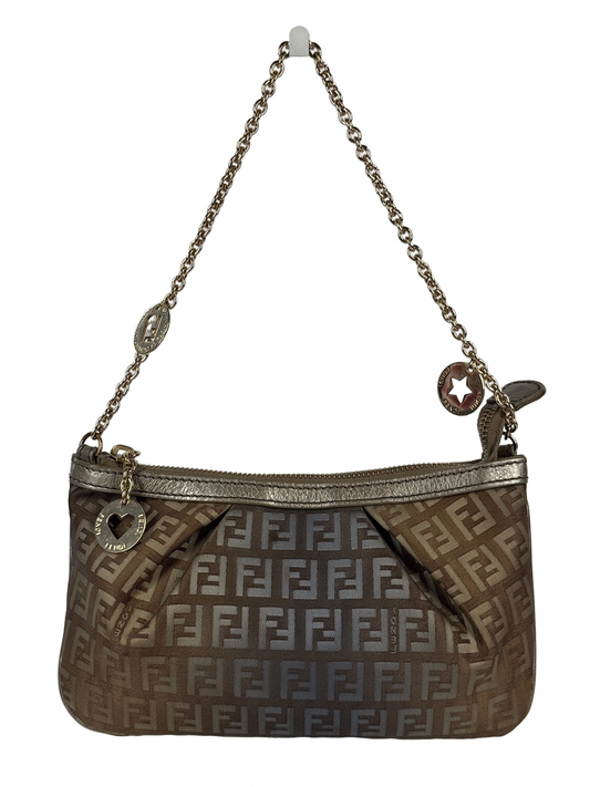 Fendi Vintage Brown Blue Metallic Ombré Zucca Zucchino Monogram Charm Pochette Chain Bag