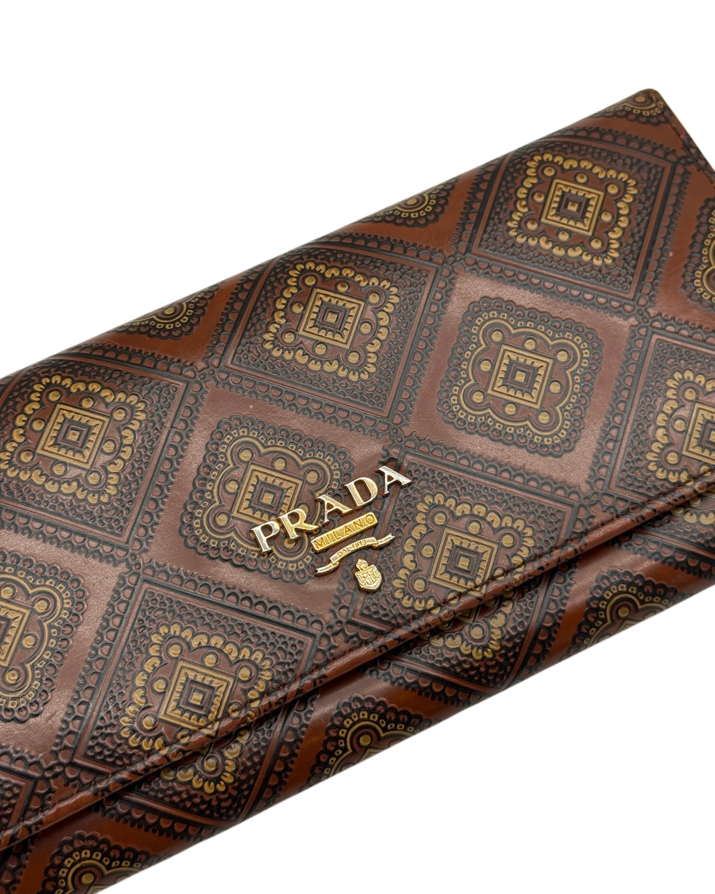 Prada Vintage Brown Leather Floral Pattern Long Snap Wallet