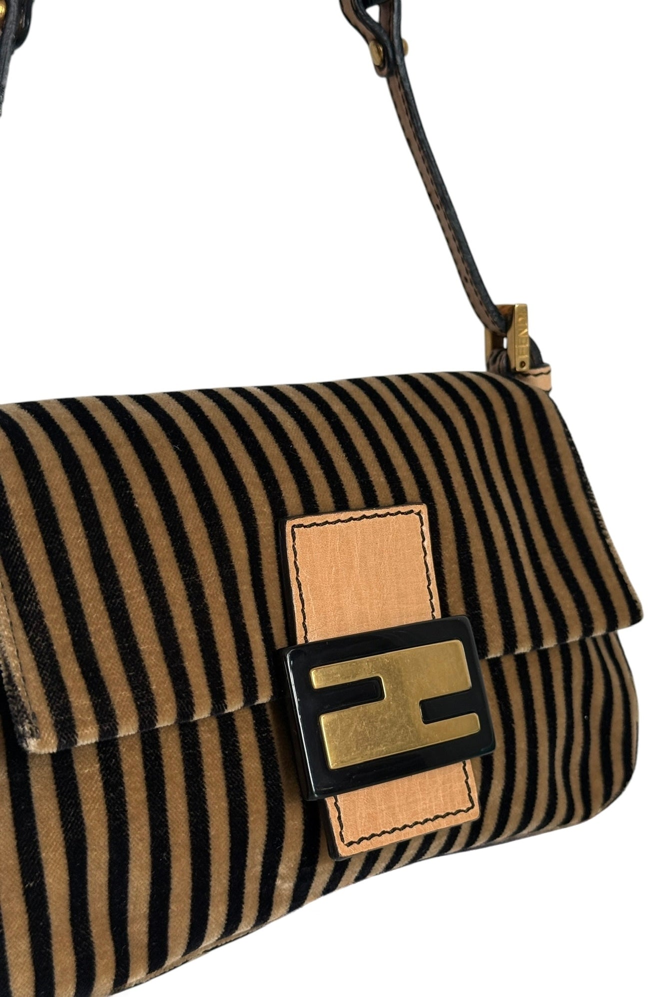 Fendi Vintage Velour Velvet Beige & Black Striped Chain Link Mini Mamma Shoulder Baguette Bag with Acrylic Chain Handle 