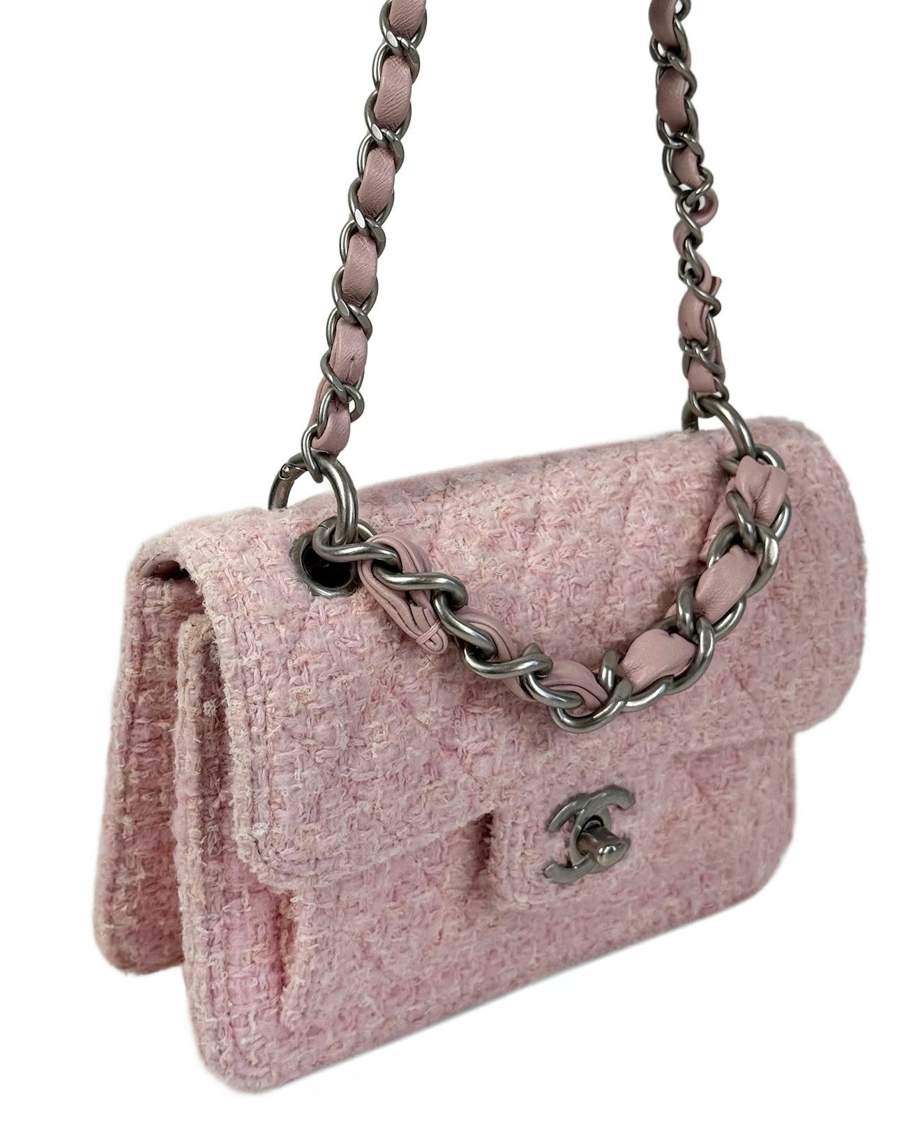 Chanel Pink Tweed Mini Shoulder Top Handle Flap Bag