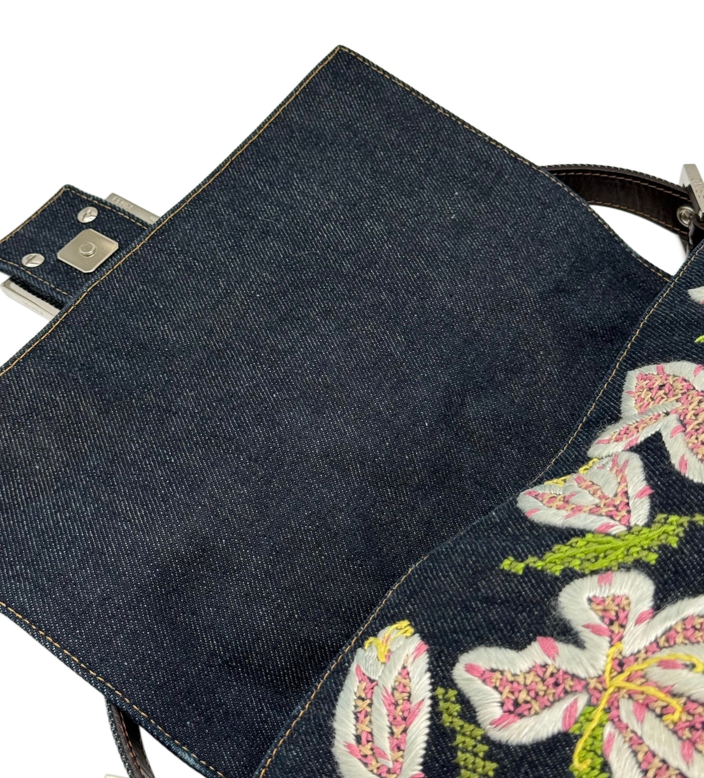 Fendi Vintage Blue Denim Pink Floral Embroidered Mamma Baguette Shoulder Bag
