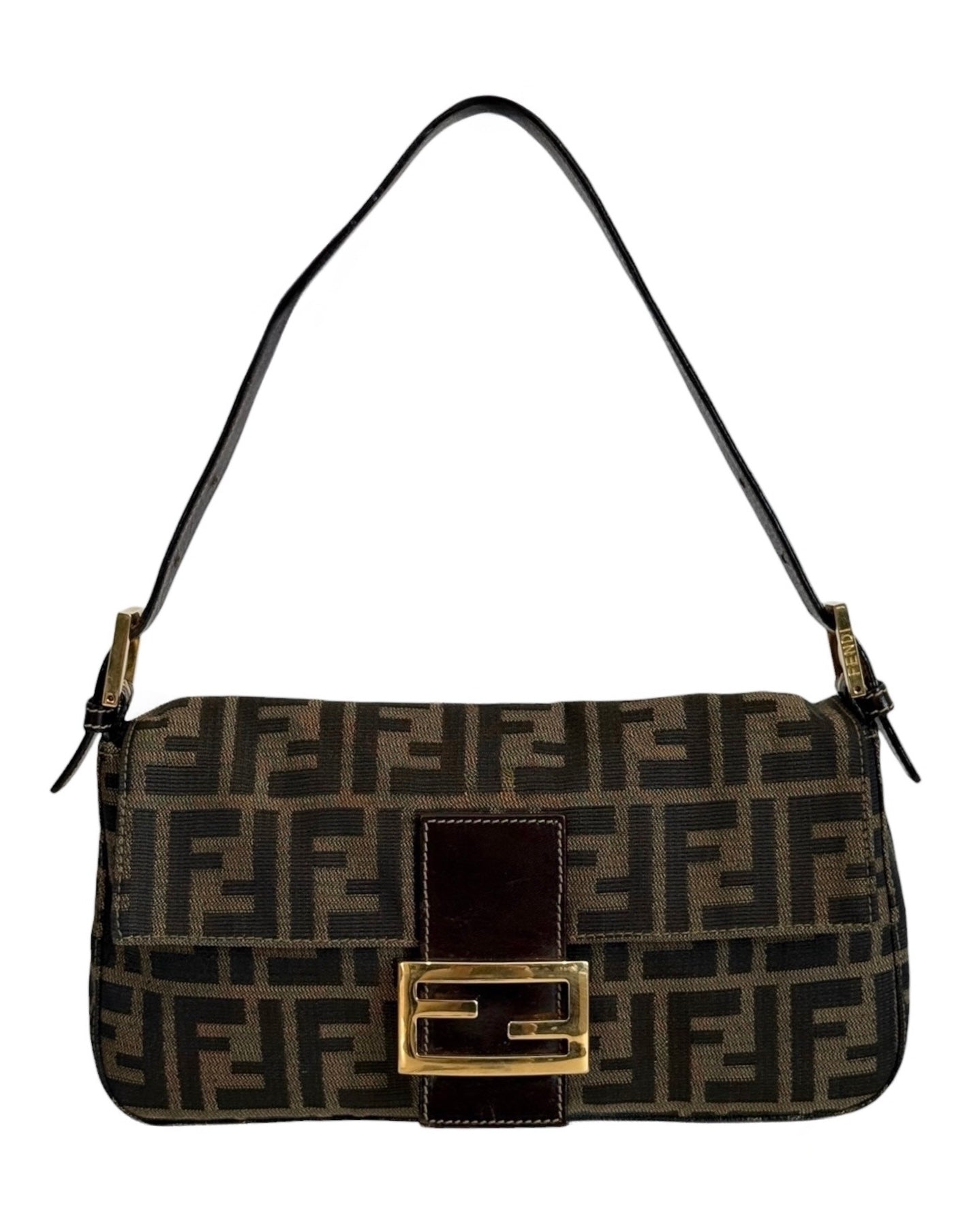 Fendi Vintage Brown Zucca Monogram Classic Shoulder Bag Baguette with Gold Hardware