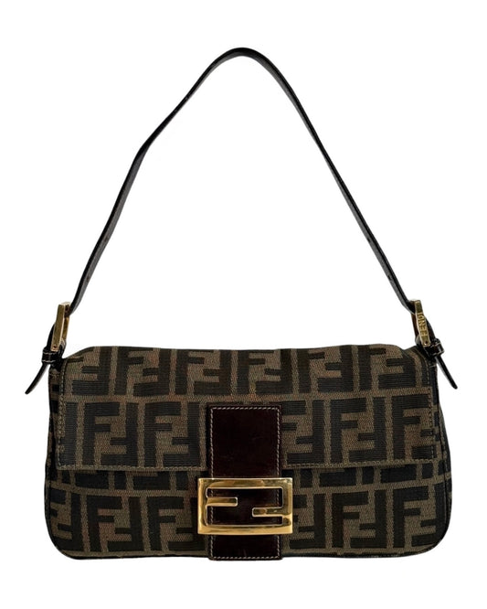 Fendi Vintage Brown Zucca Monogram Classic Shoulder Bag Baguette with Gold Hardware