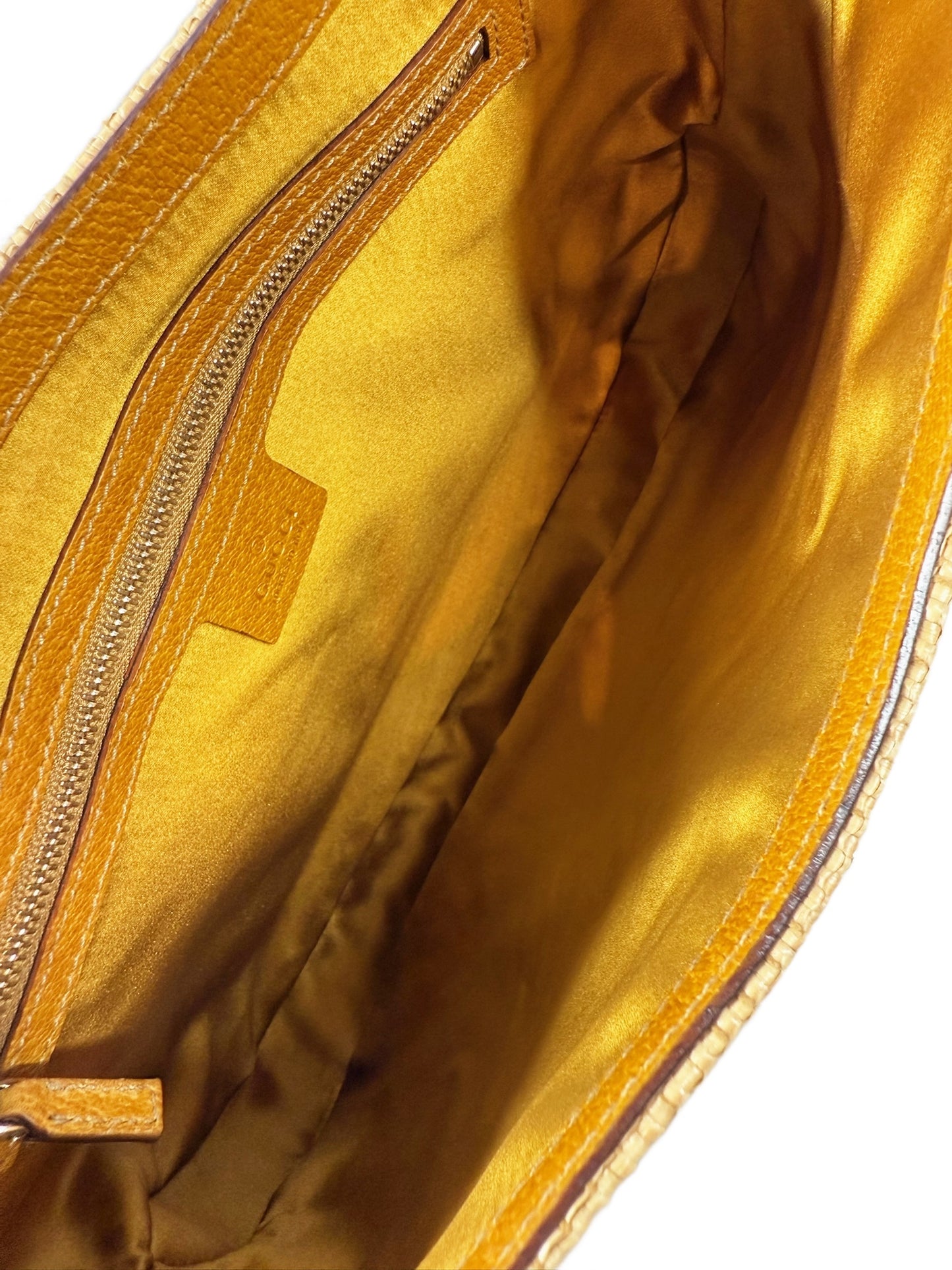 Gucci Vintage Embroidered Sequin Raffia Jackie Shoulder Bag w Gold Leather Trim