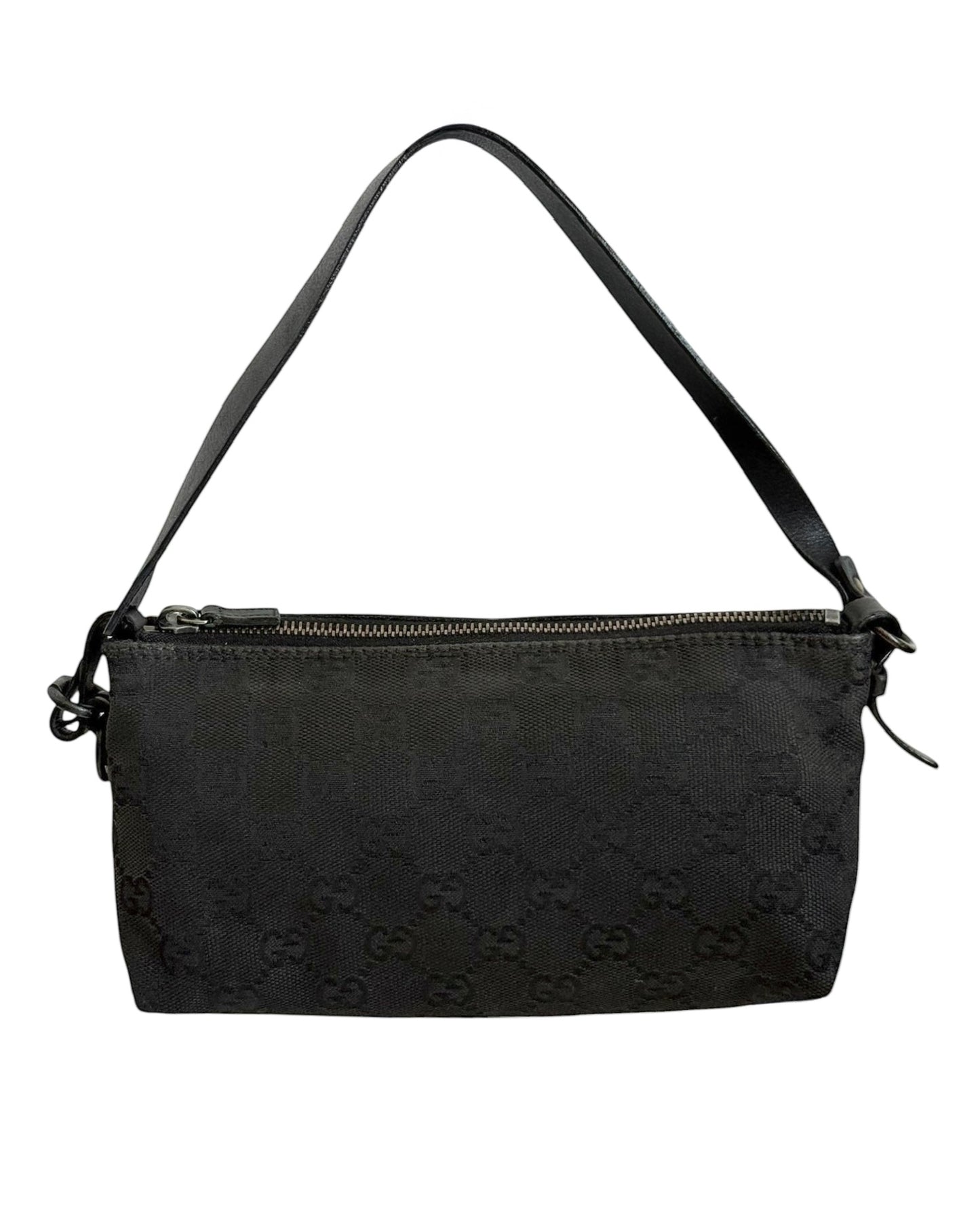 Gucci Vintage Black GG Monogram Leather Trim Small Pochette Bag