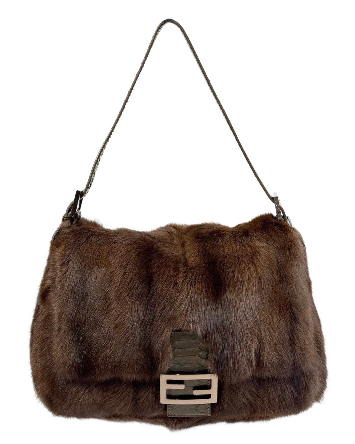 Fendi Vintage Brown Rabbit Fur Python Trim Mamma Baguette Shoulder Bag