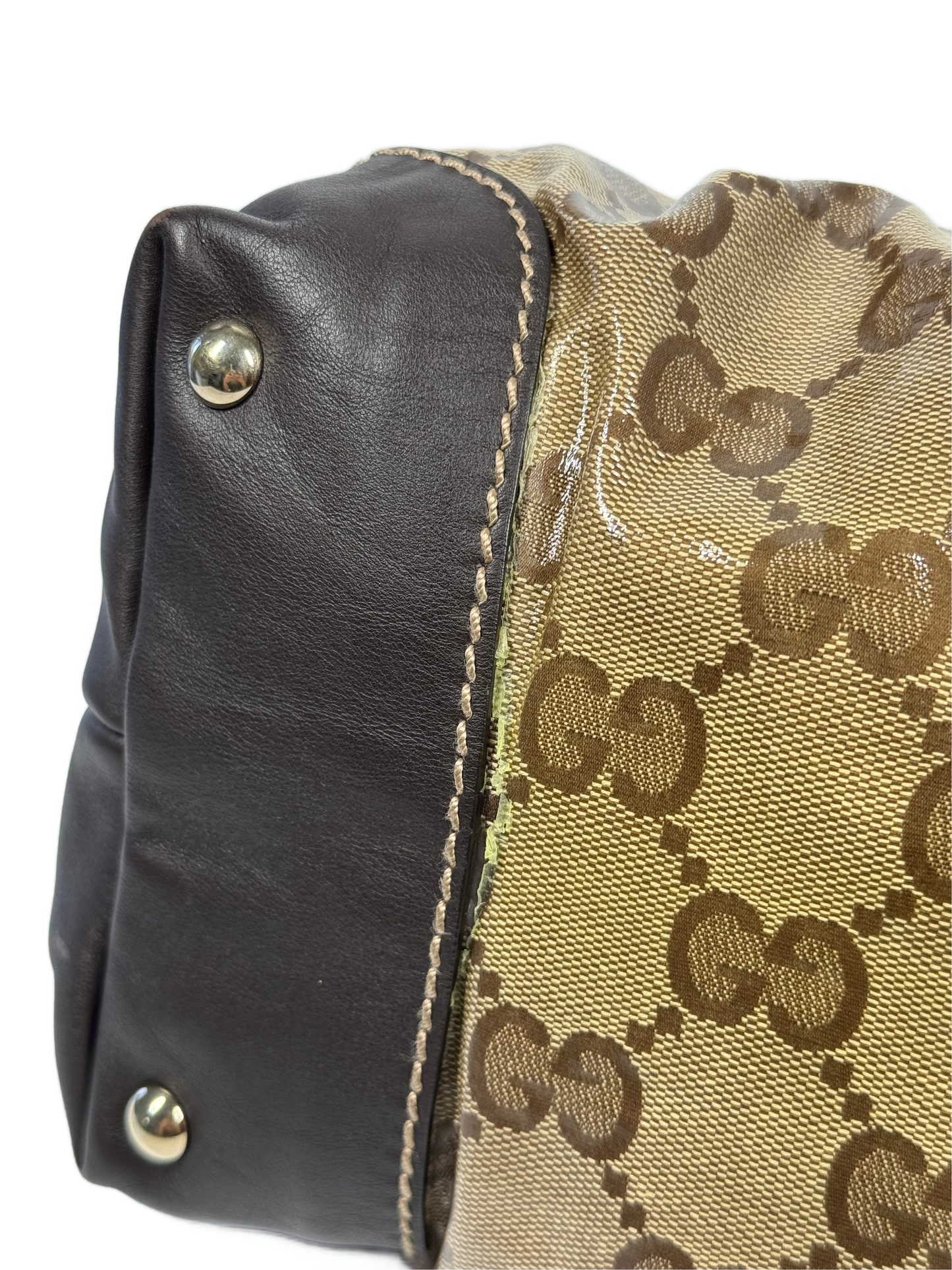 Gucci Vintage Coated Brown GG Monogram Canvas Crystal Mix Ruffle Handbag