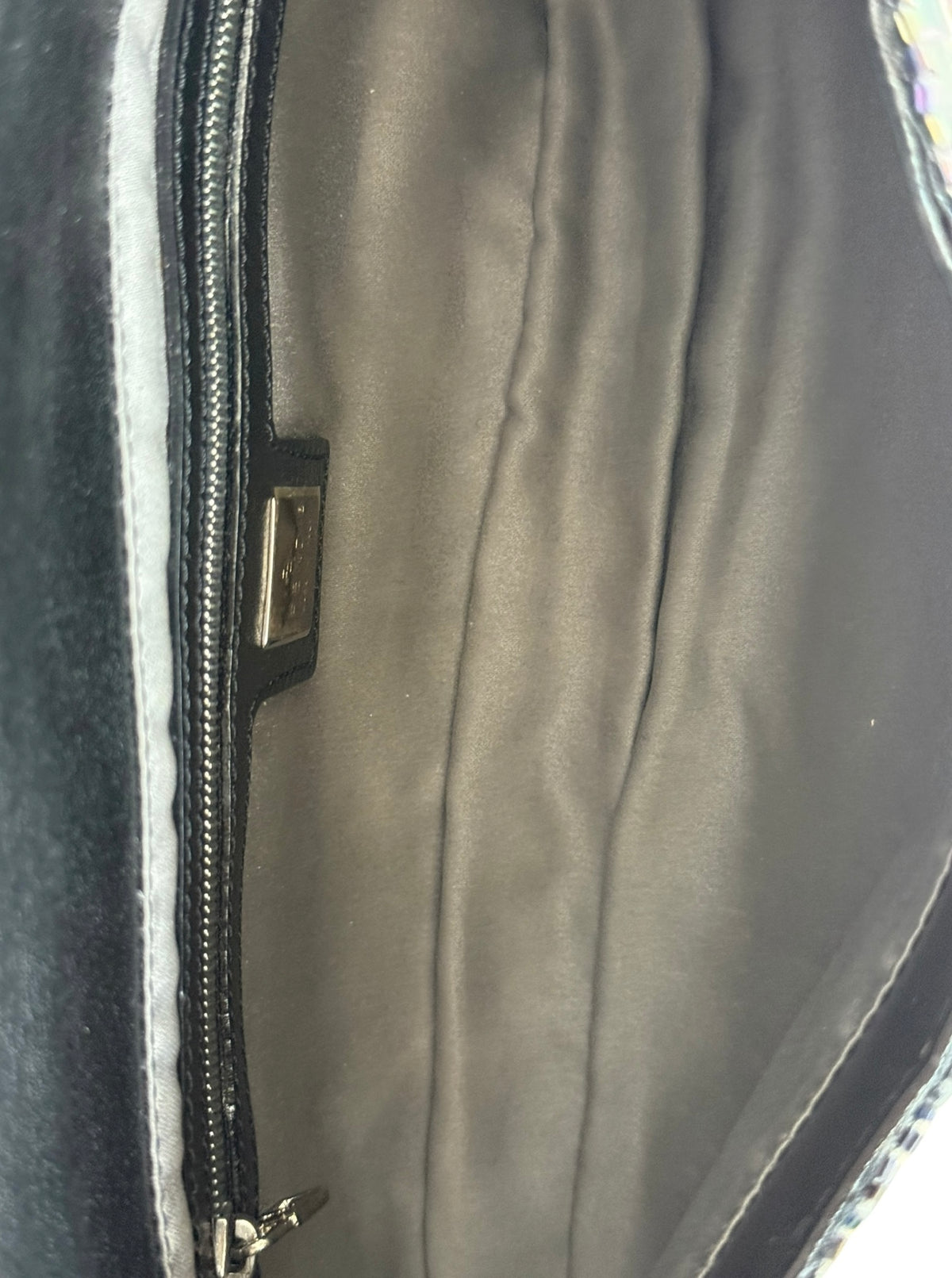 Fendi Vintage Iridescent Black Palliates Sequin Beaded Baguette with Pony Hair Trim