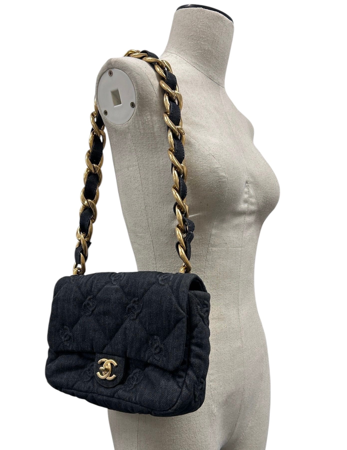 Chanel Black CC Embossed Quilted Denim Funky Town Flap Bag with Aged Gold Hardware