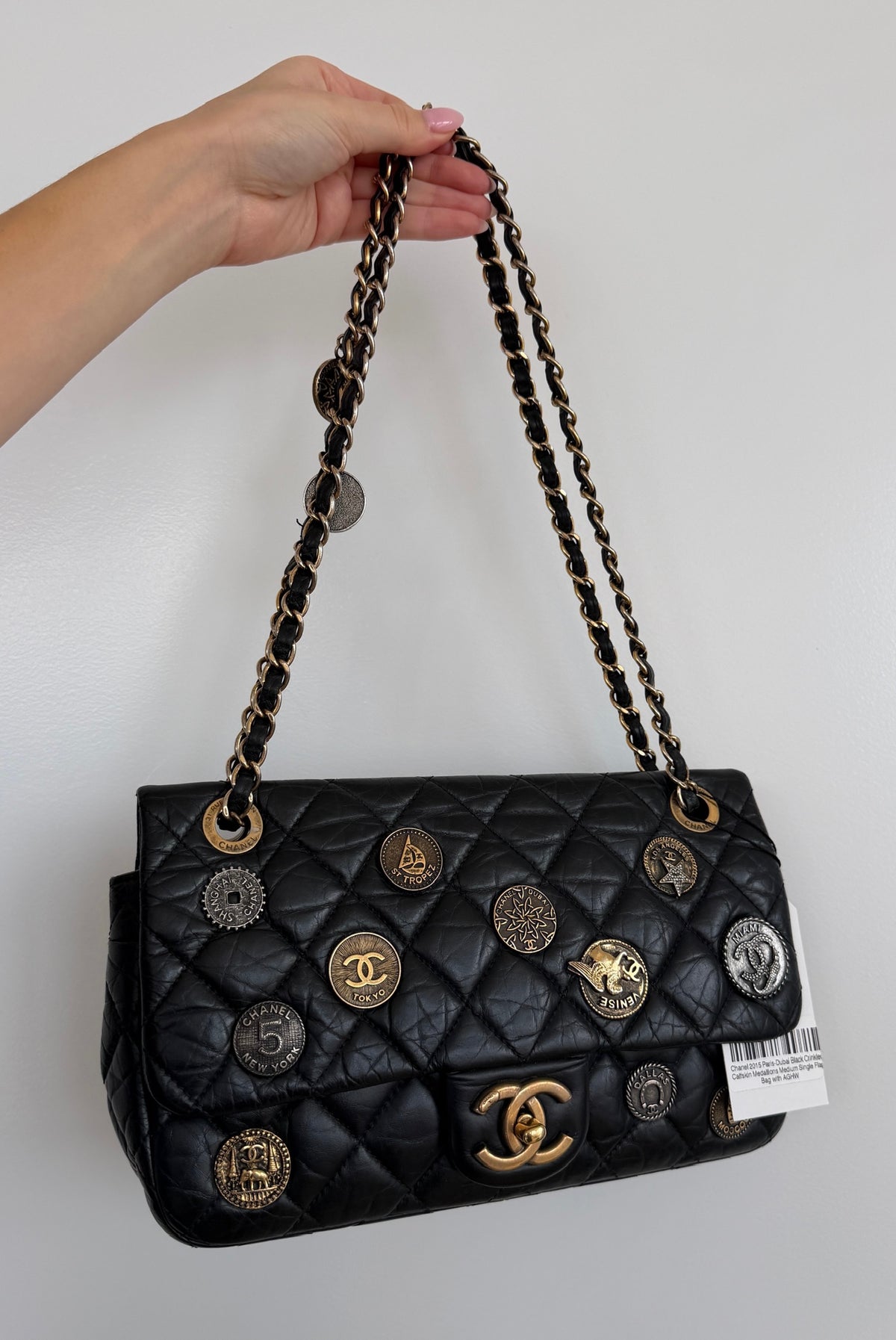Chanel 2015 Paris-Dubai Black Crinkled Calfskin Medallions Medium Single Flap Bag with AGHW
