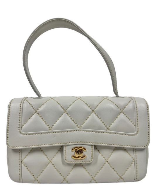 Chanel Vintage 2005 White Quilted Calfskin Leather Wild Stitch Medium Top Handle Classic Flap Bag w 24K Gold Plated Hardware
