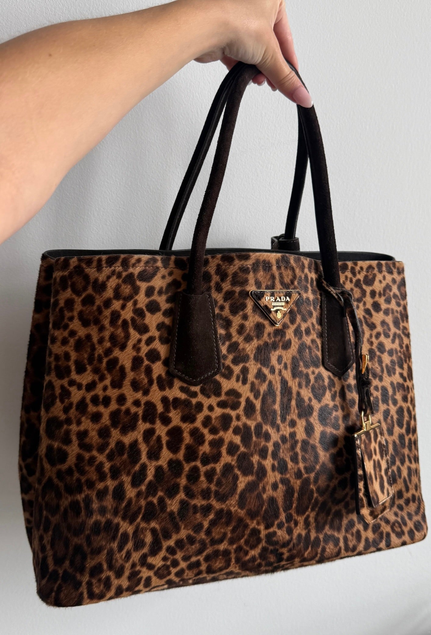 Prada Vintage Brown Suede & Leopard Print Pony Hair Large Two-Way Shoulder Tote Bag