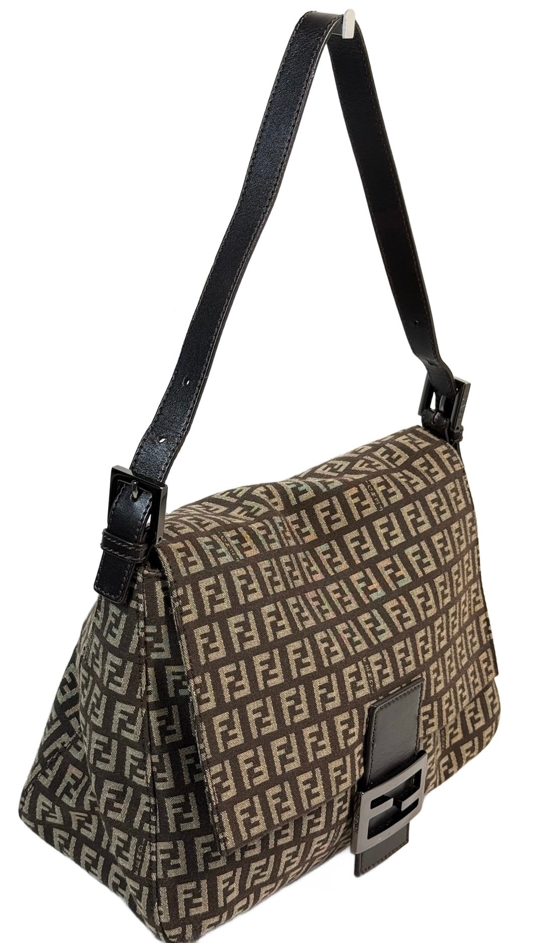 Fendi Vintage Dark Brown Zucchino Zucca Monogram Mamma Baguette Shoulder Bag