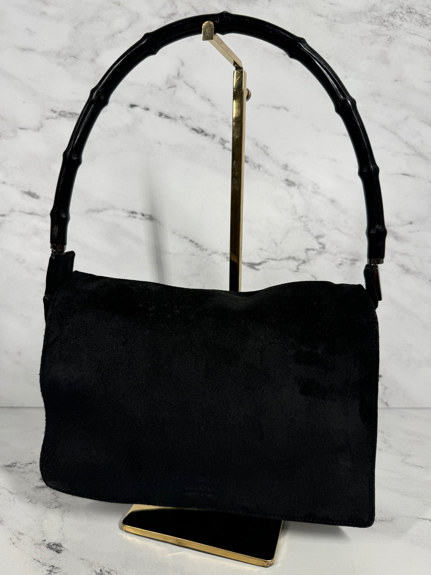 Gucci Vintage Black Suede Bamboo Top Handle Bag