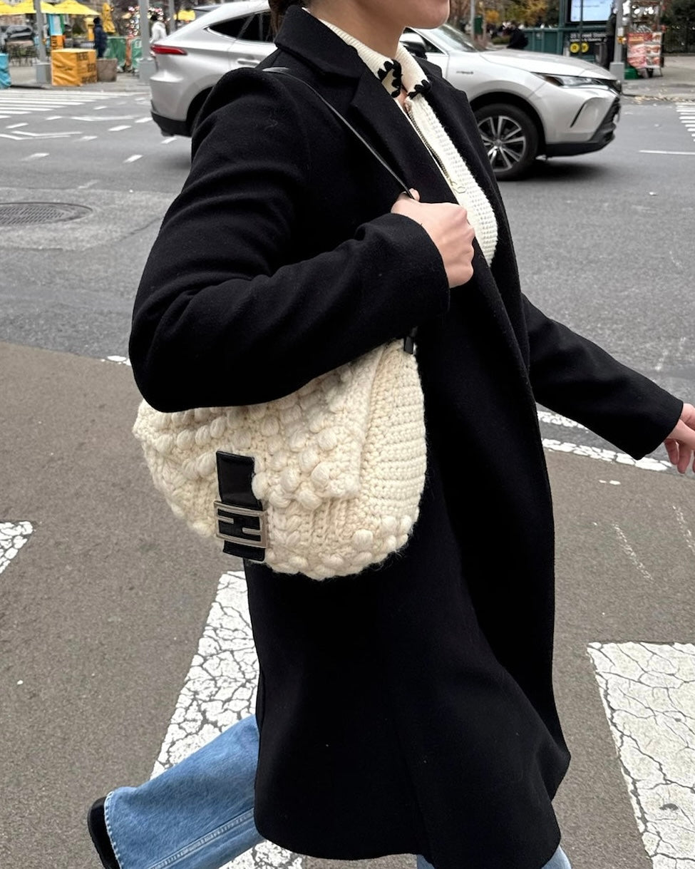 Fendi Vintage Ivory Crochet Knit Mamma Baguette Shoulder Bag