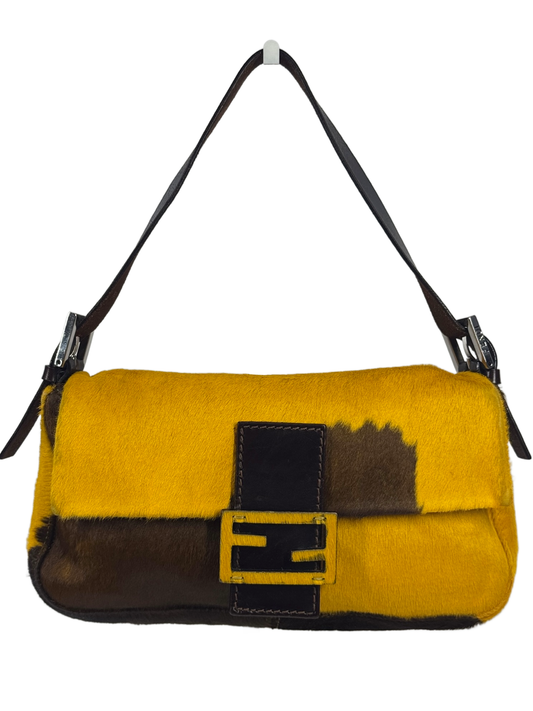 Fendi Vintage Yellow & Brown Cow Print Pony Hair Shoulder Baguette Bag