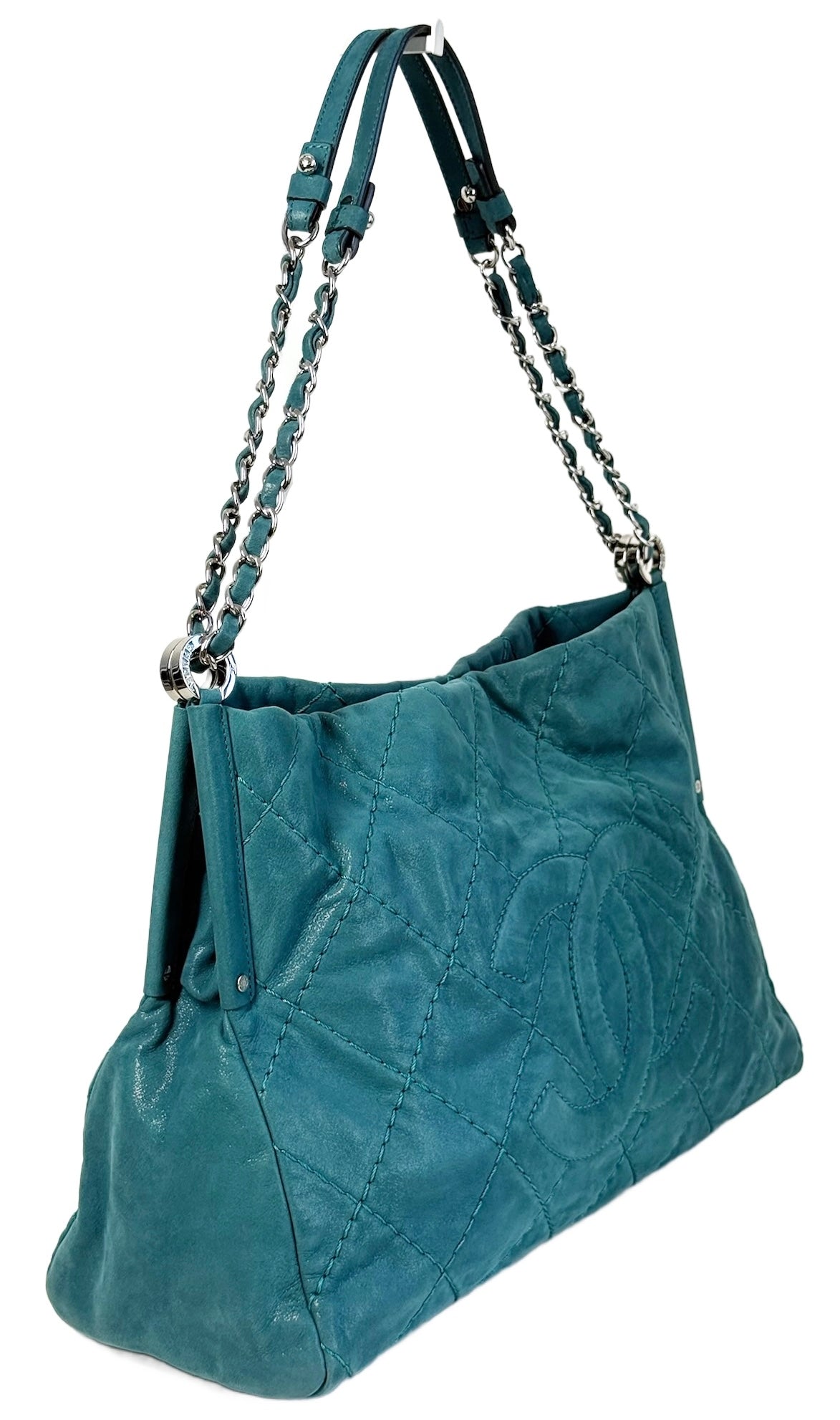 Chanel 2012 Iridescent Turquoise Crinkled Calfskin CC Medium Shoulder Tote Bag