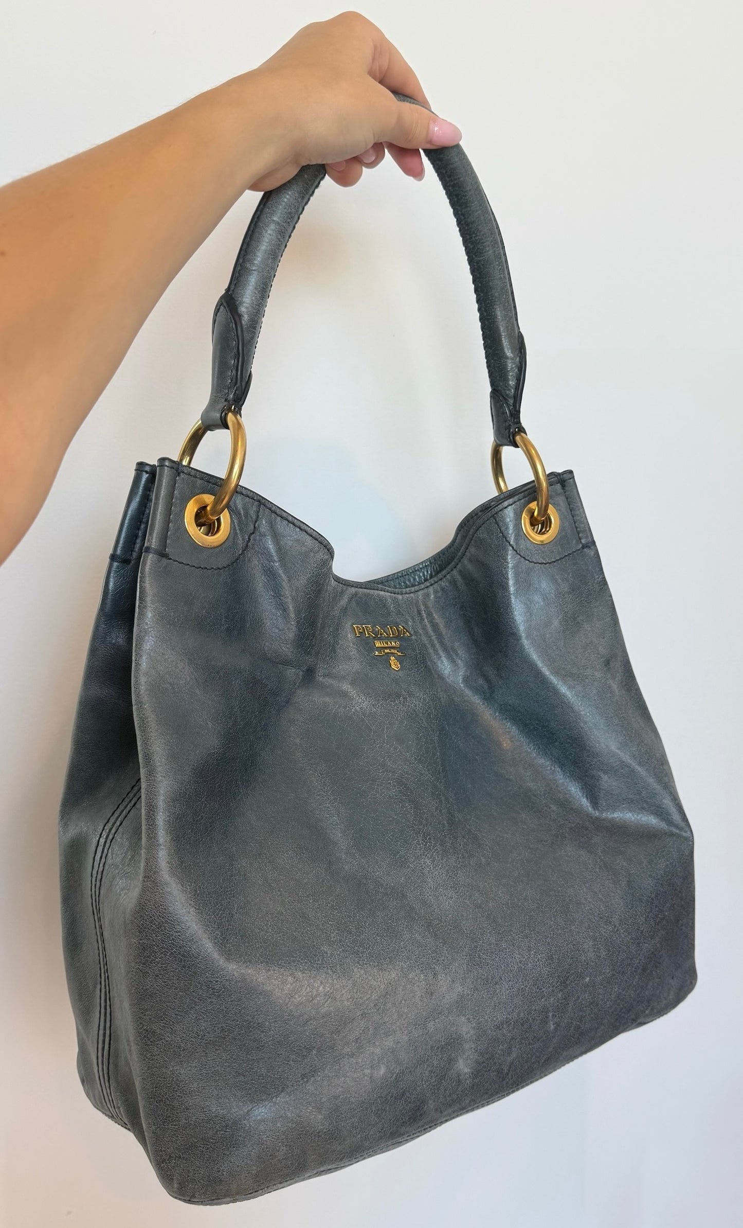 Prada Vintage Distressed Blue Crinkled Calfskin Leather Medium Hobo Shoulder Tote Bag